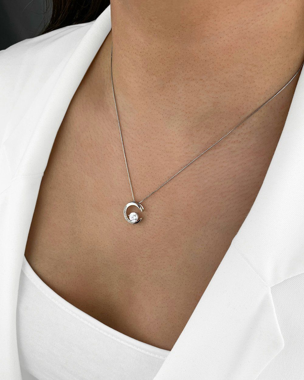 DANIEL CLIFFORD Kette mit Anhänger 'Phoebe' Damen Halskette Silber 925 Mond-Anhänger Kristall weiss (inkl. Verpackung), 45cm Collier Silberkette mit Mond-Anhänger Kristall