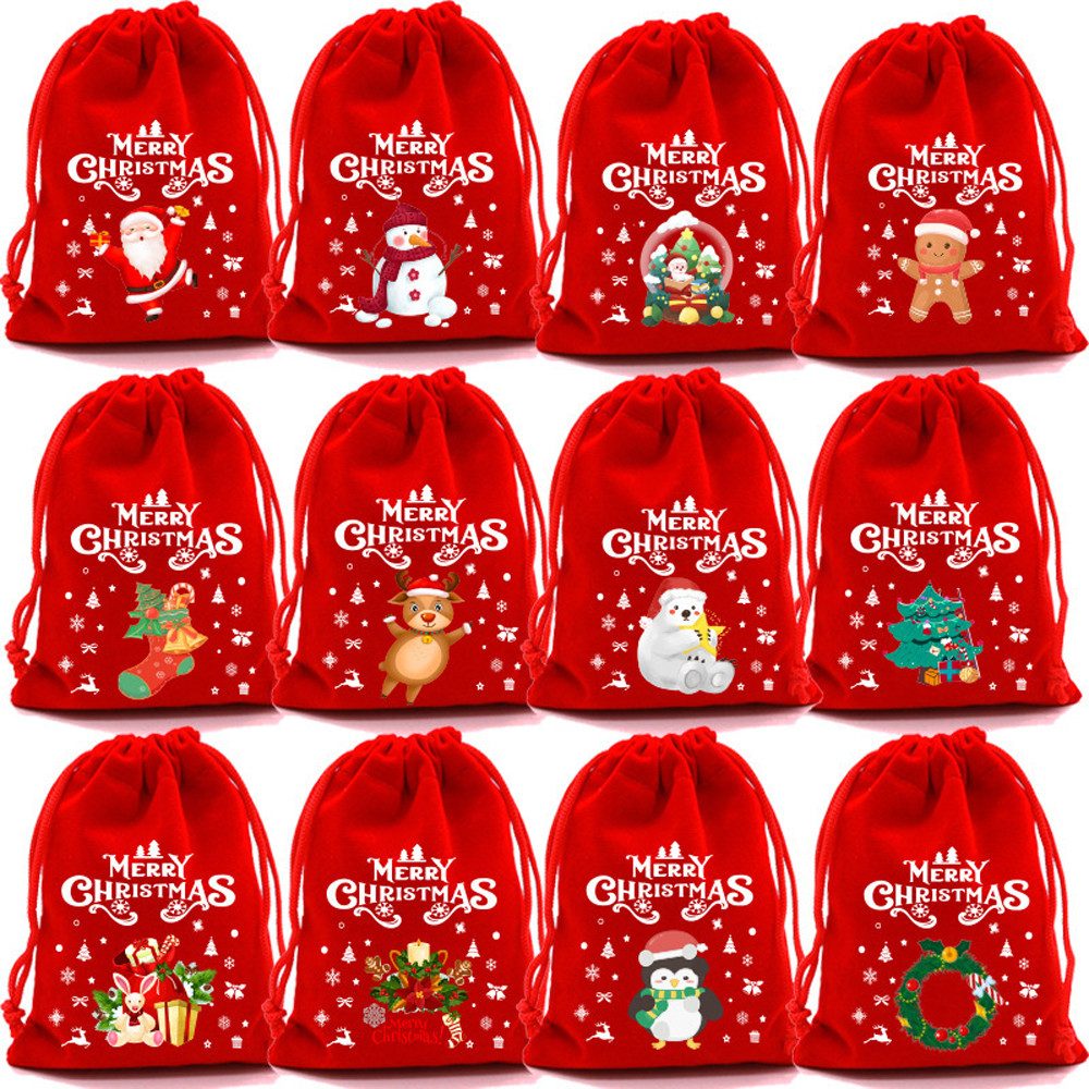 Coonoor Christbaumschmuck 12er-Set Weihnachtsgeschenktaschen Rote Geschenktasche mit Kordelzug (12-tlg), Ideal für Süßigkeiten und Geschenkverpackungen