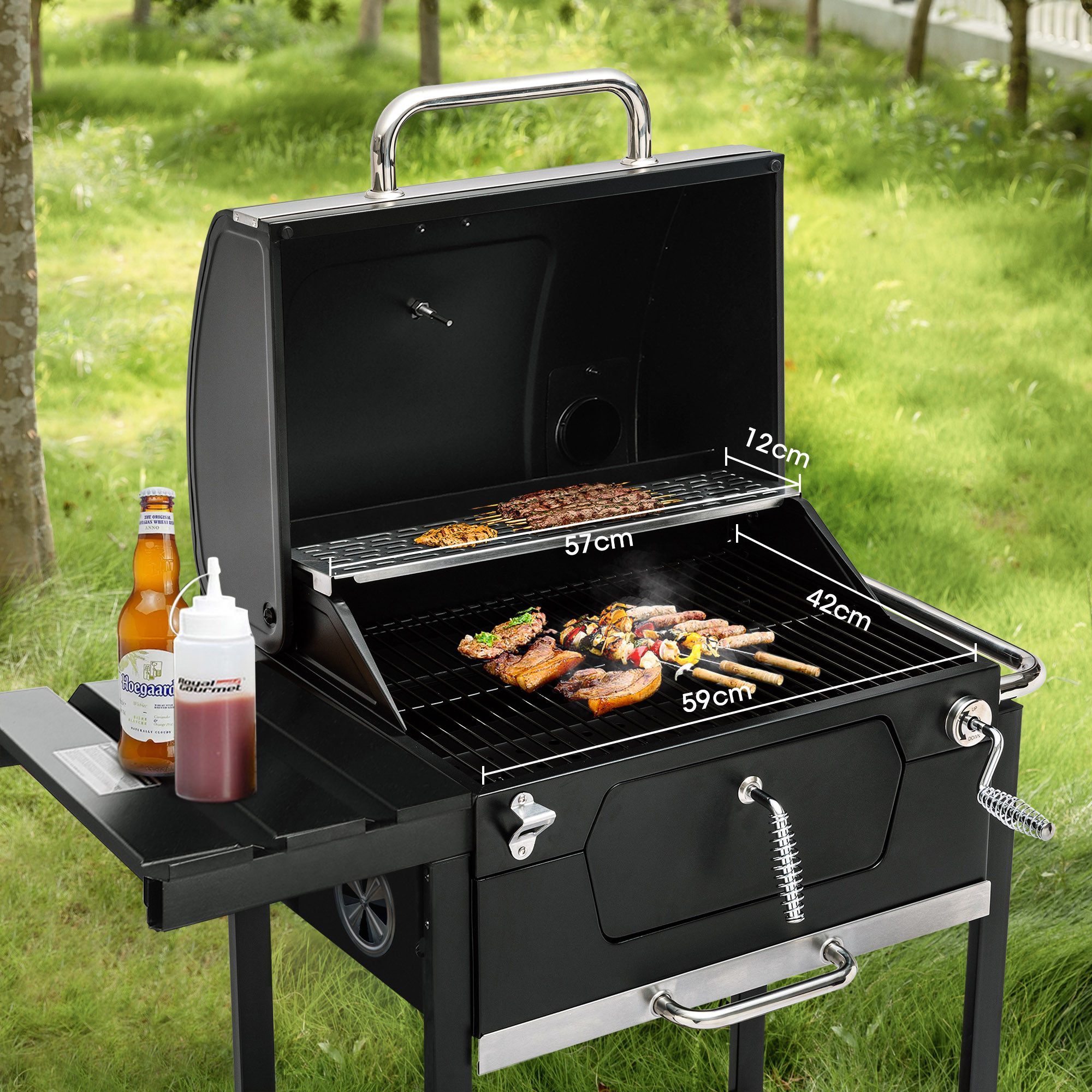 Royal Gourmet Holzkohlegrill Barbecue Grillwagen Smoker Campinggrill Outdoor Kohlegrill Gartengrill, 100 x 64,5 x 104,5 cm