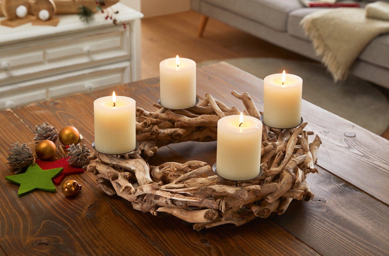 Dekoleidenschaft Adventskranz aus Treibholz Ø 40 cm, Tischkranz
