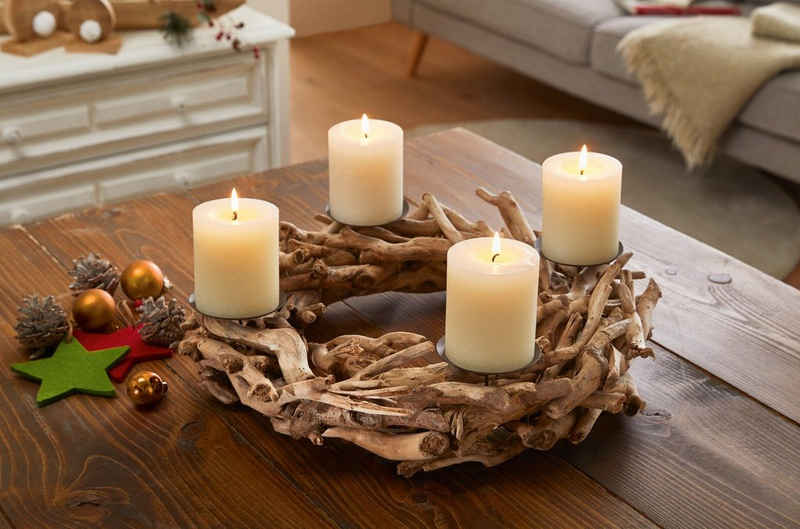 Dekoleidenschaft Adventskranz »aus Treibholz Ø 40 cm, Tischkranz, Kerzenhalter für 4 Stumpenkerzen«, Weihnachtskranz, Weihnachtsdekoration