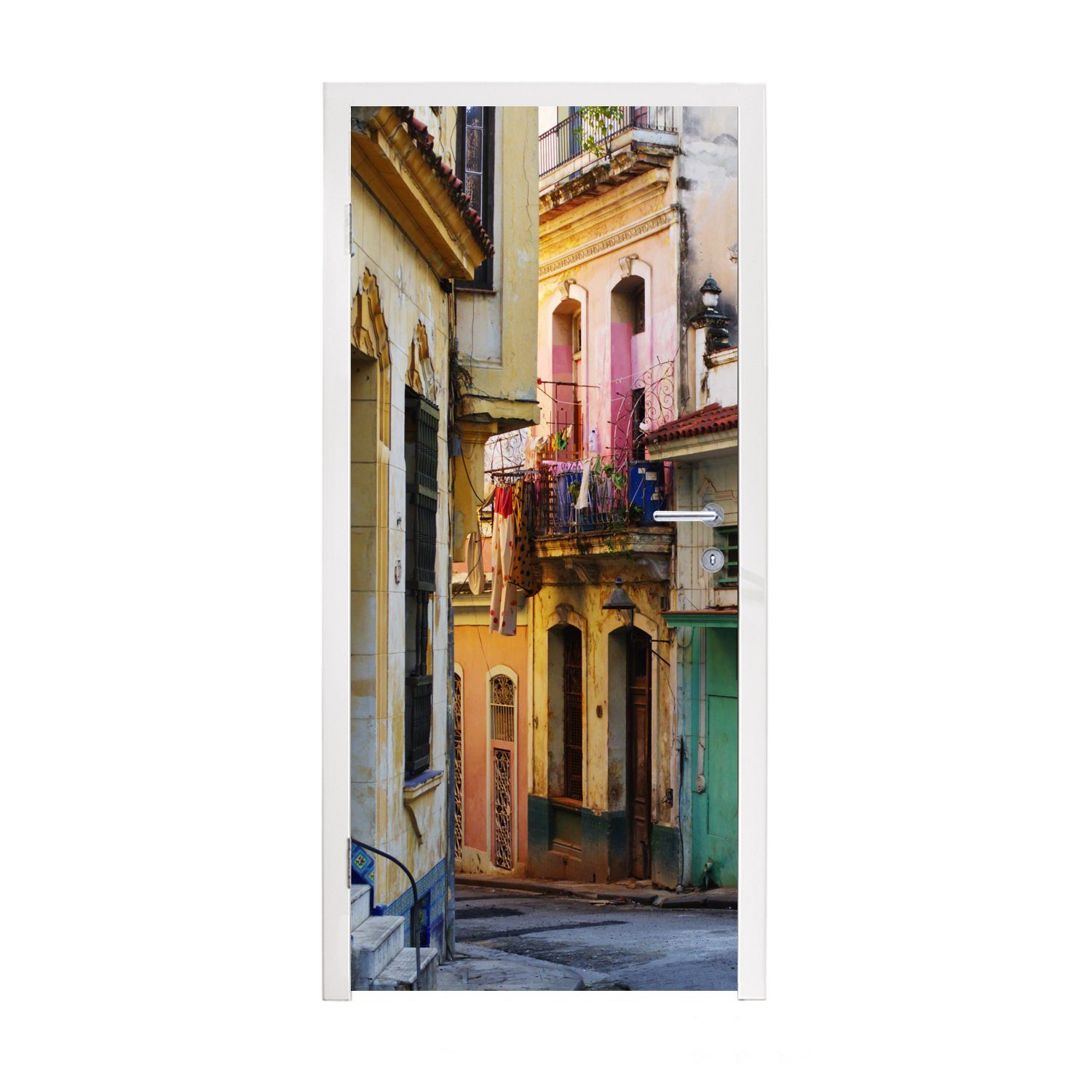75x205 für der Fototapete kubanischen in cm Straße bedruckt, Bunte Türaufkleber, St), Havanna, Matt, MuchoWow (1 Türtapete Tür, Hauptstadt