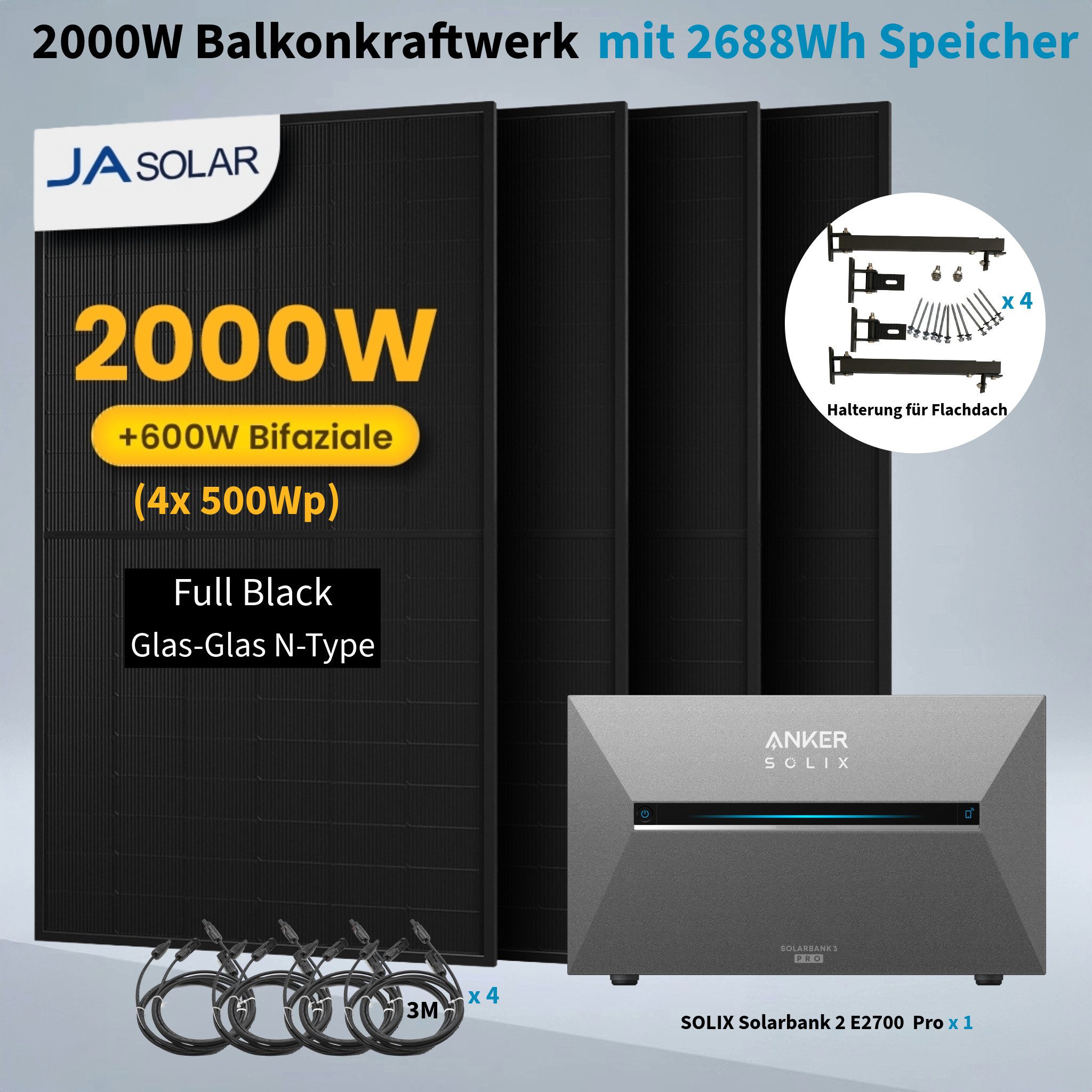 Anker Balkonkraftwerk Solix 2000W Photovoltaikanlage Komplettset mit Solarbank E2700 3 Pro, 1800 W, Monokristallin, (Set, 4-St., 4*500 W Solarmodule + Anker Solarbank 3 pro + ohne/mit Halterung), IP65, Plug und Play