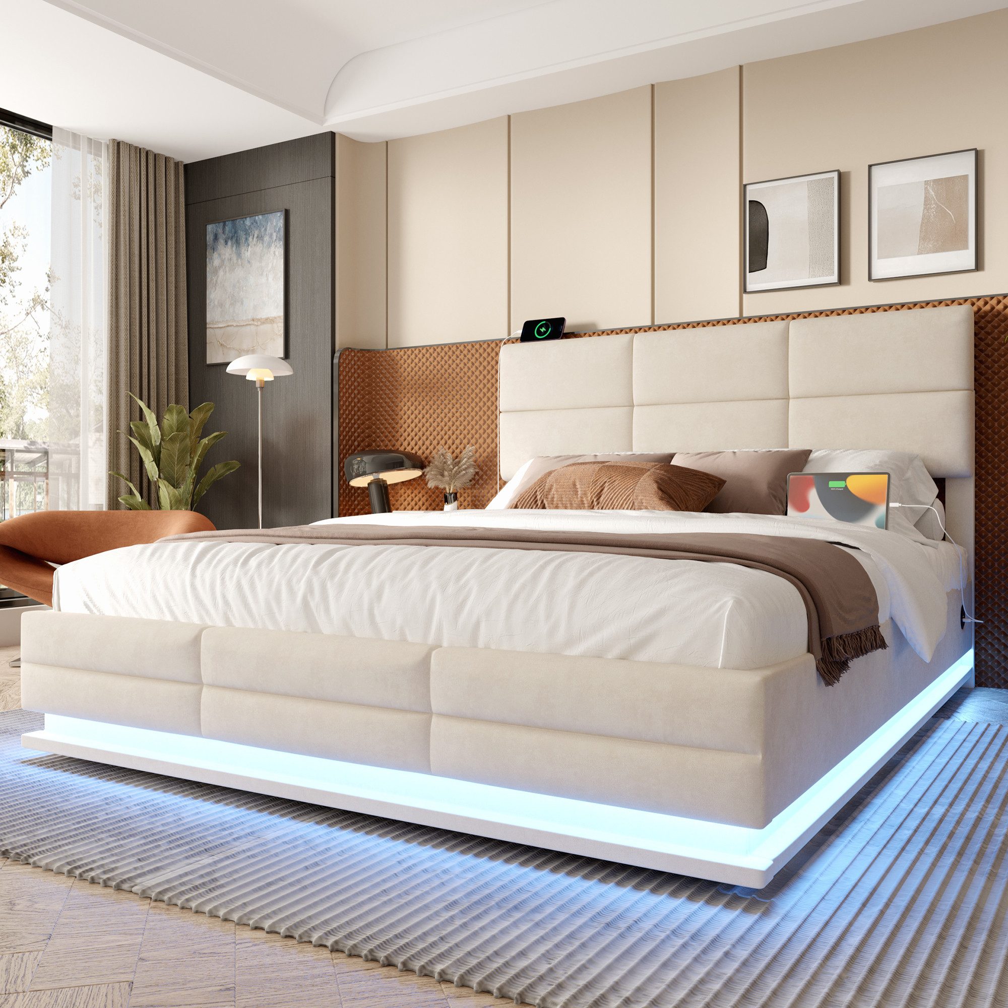 Celya Polsterbett mit höhenverstellbarem Kopfteil und LED-Ambientebeleuchtung (ohne Matratze, Inkl. USB und Type-C-Anschlüsse), mit hydraulischem Lift-System und XXL-Stauraum