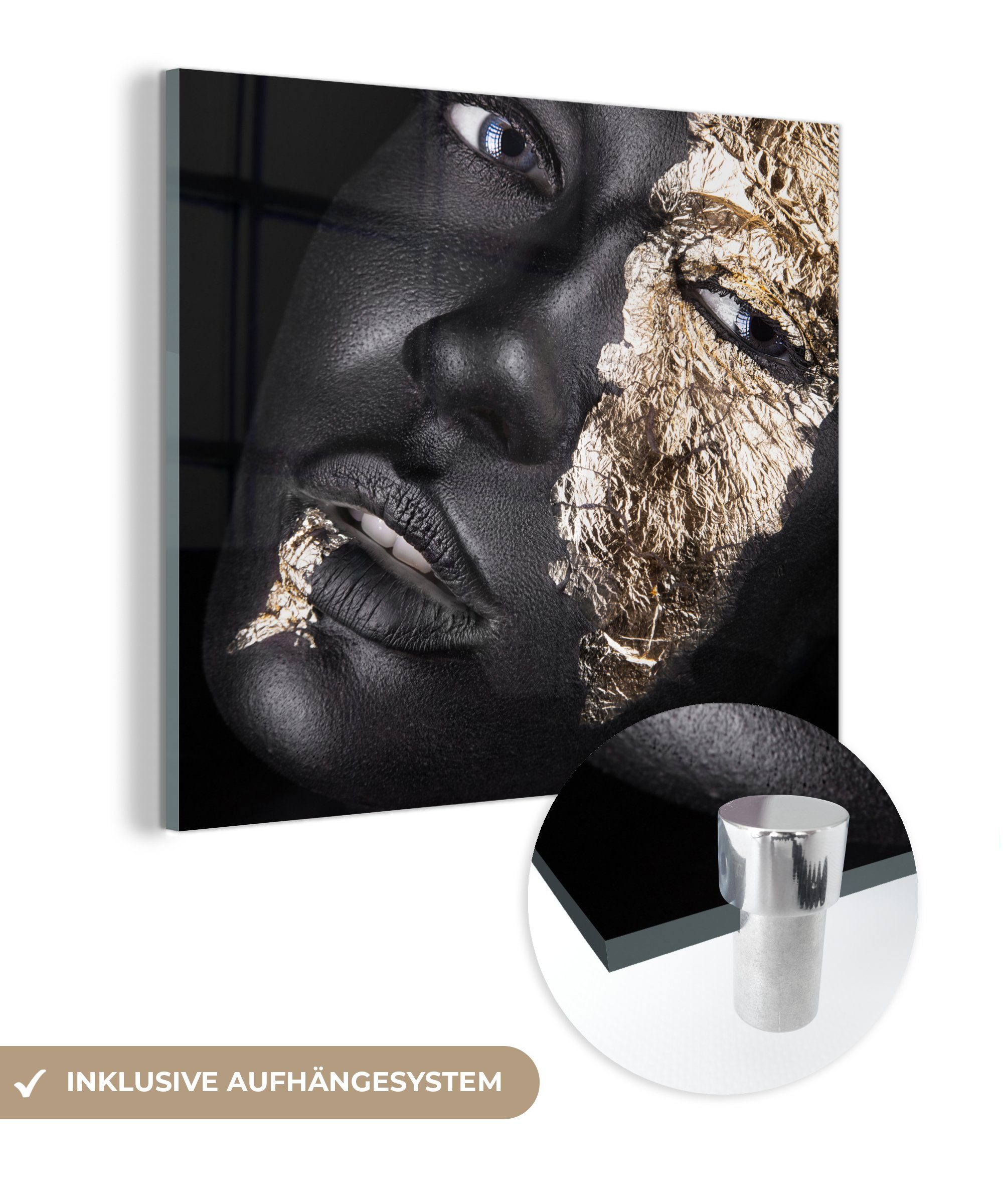 MuchoWow Acrylglasbild Frau - Gold - Schwarz - Farbe - Luxus, (1 St), Glasbilder - Bilder auf Glas Wandbild - Foto auf Glas - Wanddekoration bunt