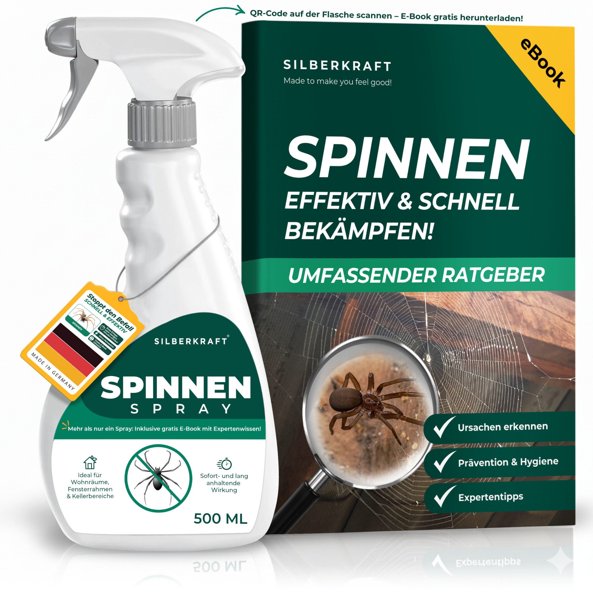 Silberkraft Insektenspray Spinnenspray 500 ml inkl. Gratis E-Book Gebrauchsfertiges Spray, Gezielt auf Ecken, Ritzen, Spalten oder hinter Möbeln sprühen, 1-St., Pumpspray: für sofortige & präzise Handhabung, Abwehr von Spinnen in Wohnräumen, Kellern & an Fensterrahmen