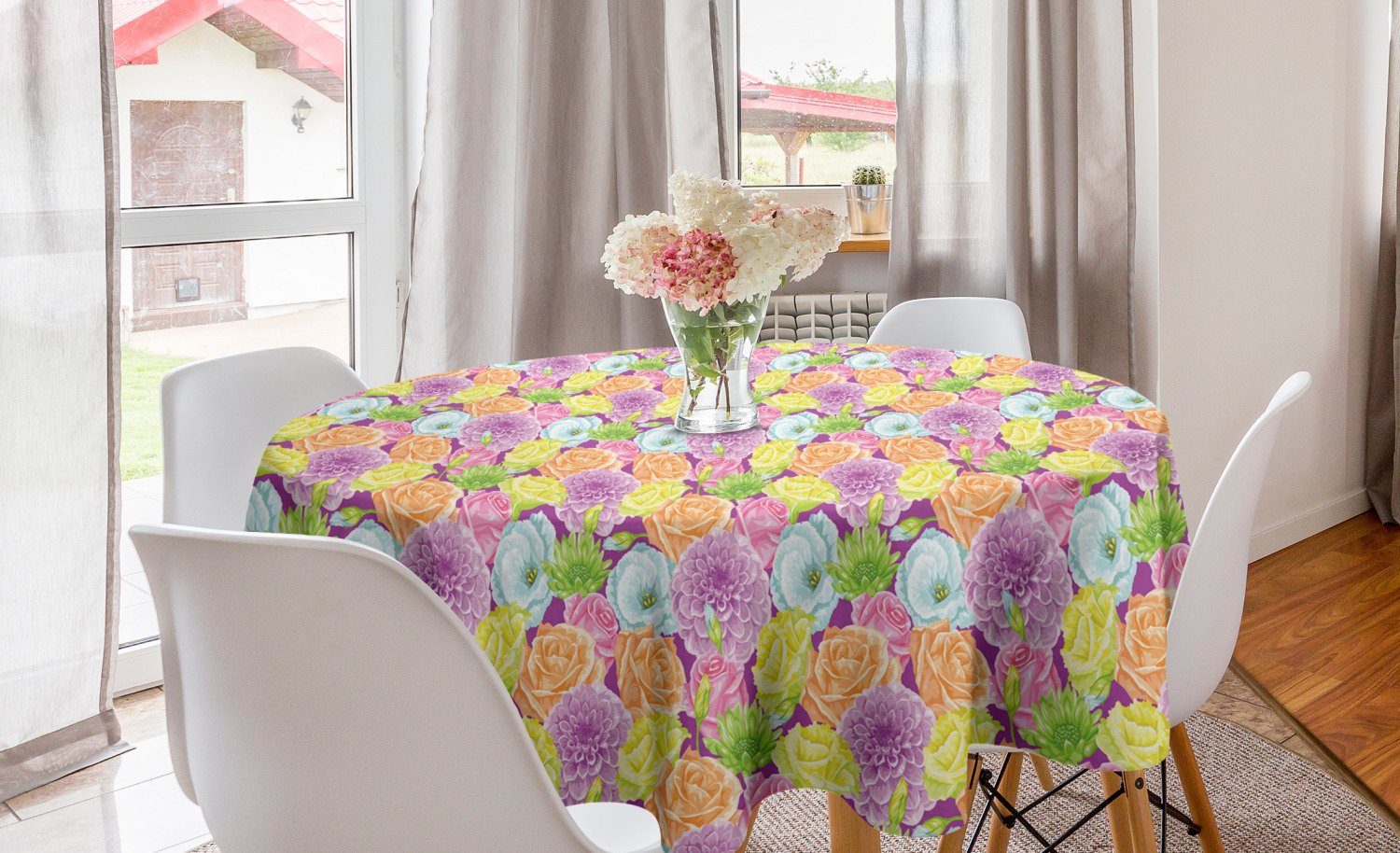 Abakuhaus Tischdecke Kreis Tischdecke Abdeckung für Esszimmer Küche Dekoration, Blume Bunte Frühlings-Blüten