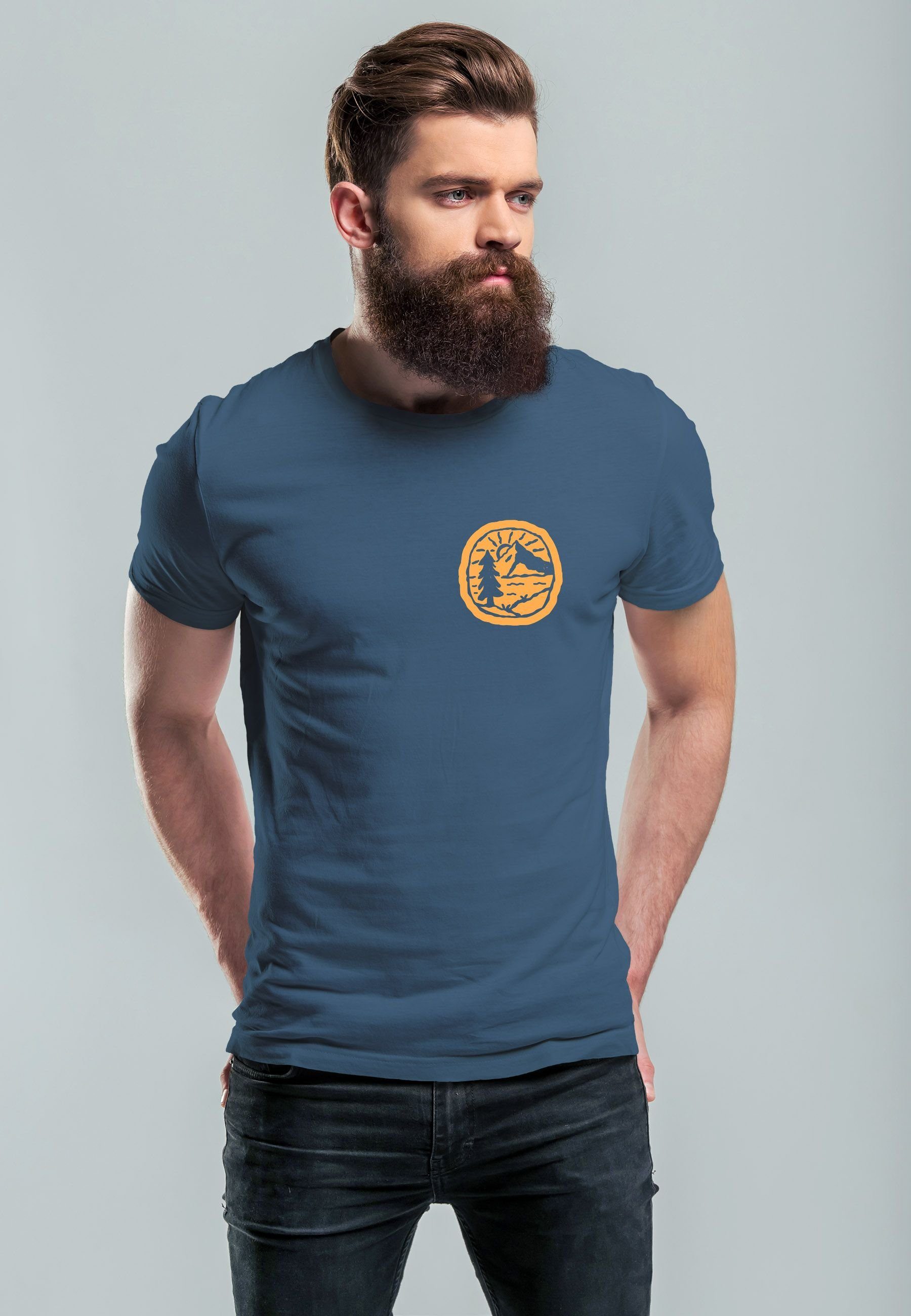 denim Berge Natur Print Wandern mit Neverless blue Badge Logo Outdoor Herren Print T-Shirt Print-Shirt Landschaft
