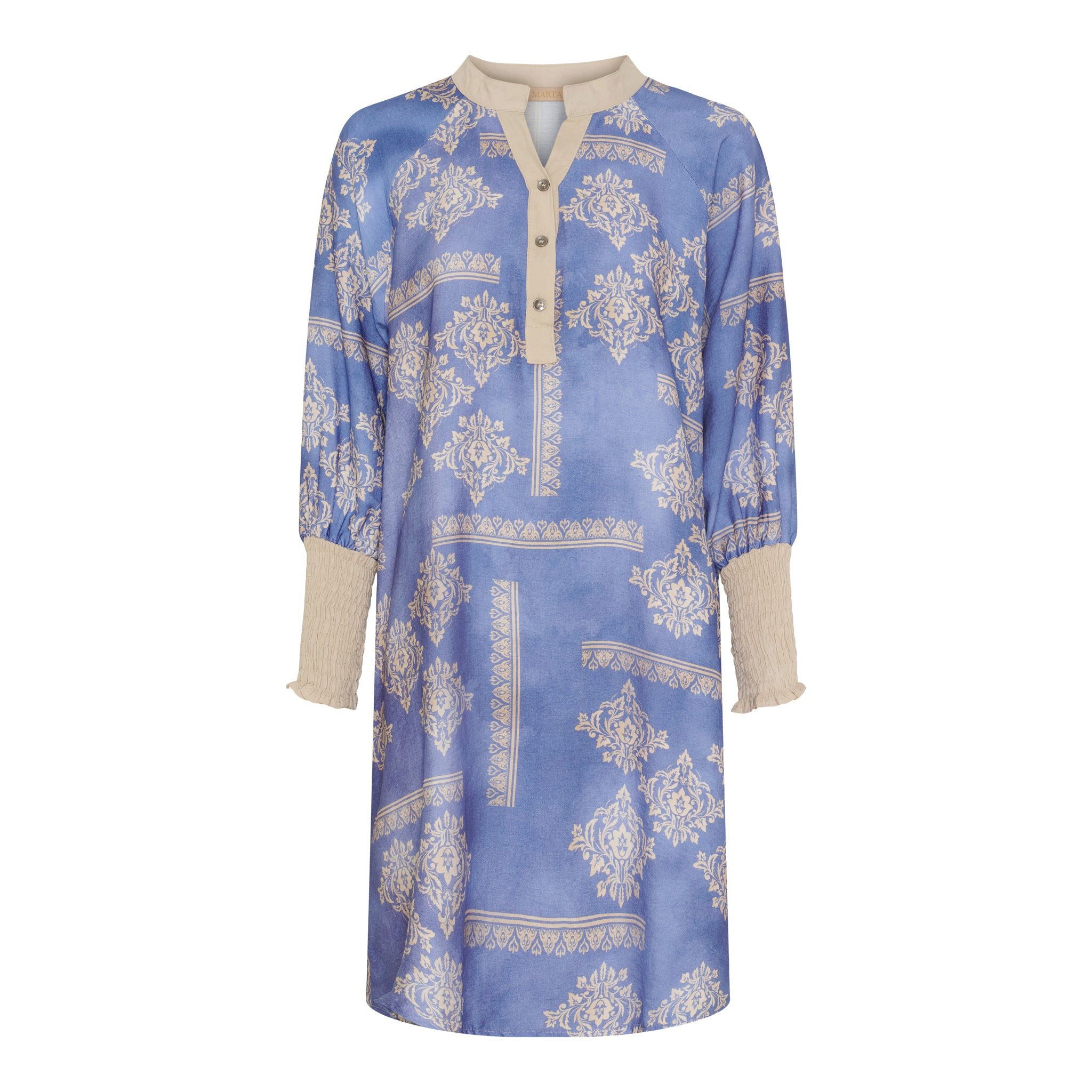 Langarm-Poloshirt Stylisches Shirt Blaues Tunika-Kleid mit Muster – Boho Chic & Bequem