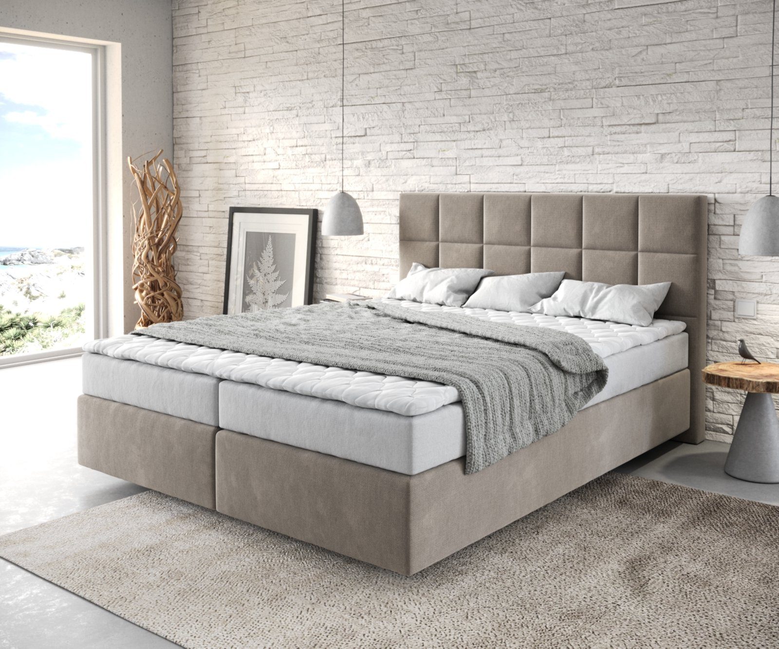 DELIFE Boxspringbett Dream-Fine, Mikrofaser Beige 160x200 cm mit Matratze und Topper