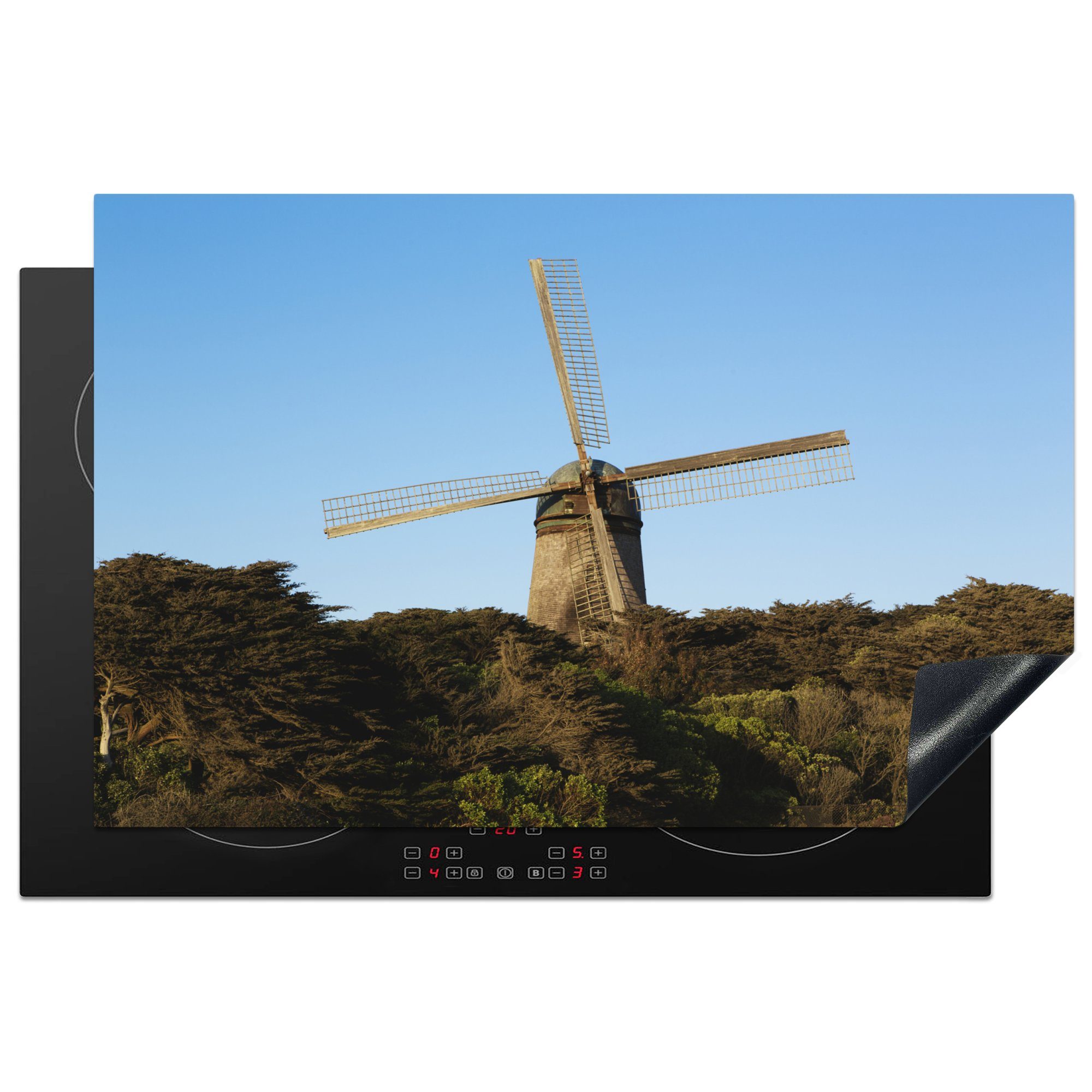 MuchoWow Herdblende-/Abdeckplatte San Francisco - Bäume - Windmühle, Vinyl, (1 tlg), 81x52 cm, Induktionskochfeld Schutz für die küche, Ceranfeldabdeckung