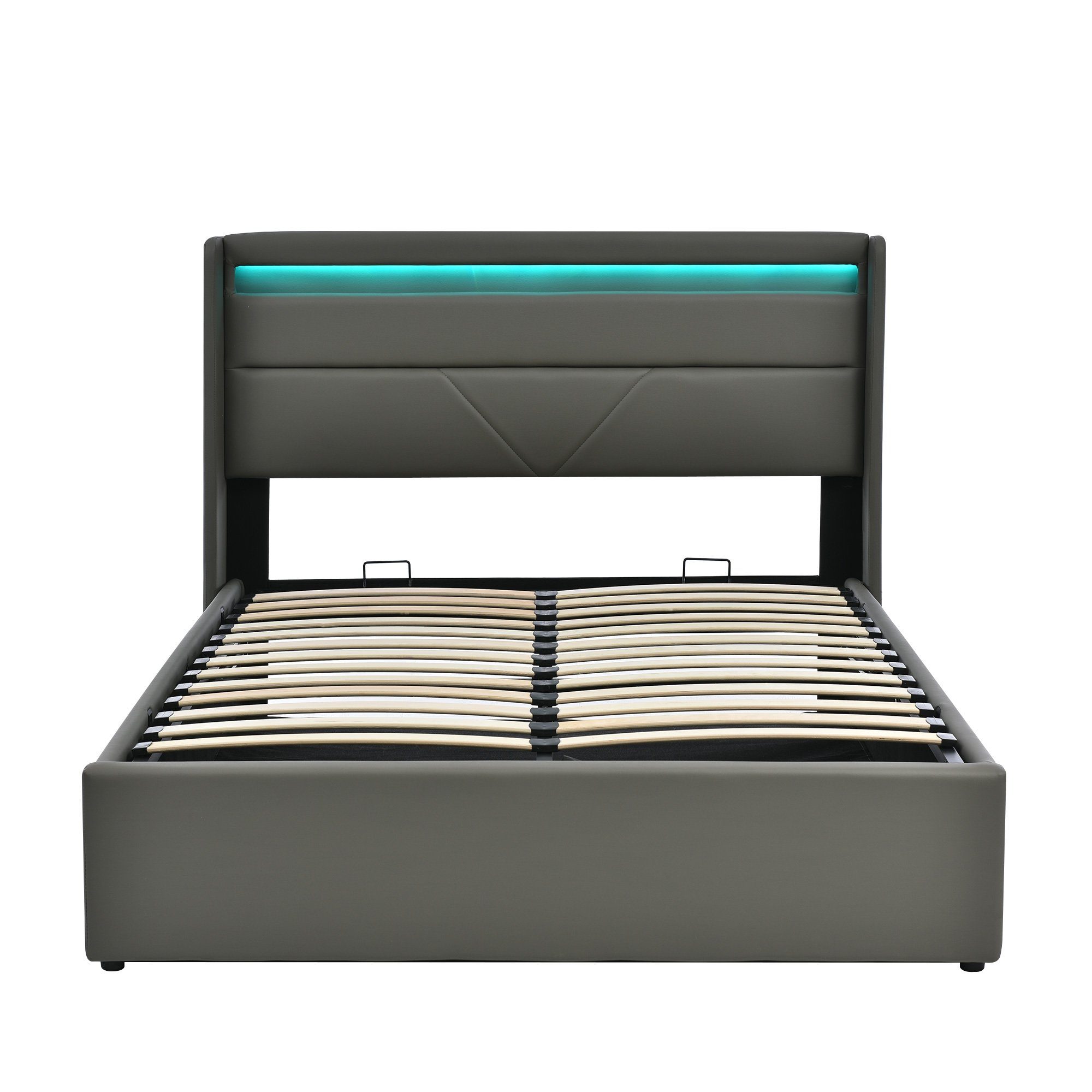 Boxspringbett (Funktionsbett, Polsterbett mit Bettkasten und Lattenrost, inkl. LED-Beleuchtung), Hydraulisches Stauraumbett Doppelbett 160x200cm, Bezug aus Kunstleder