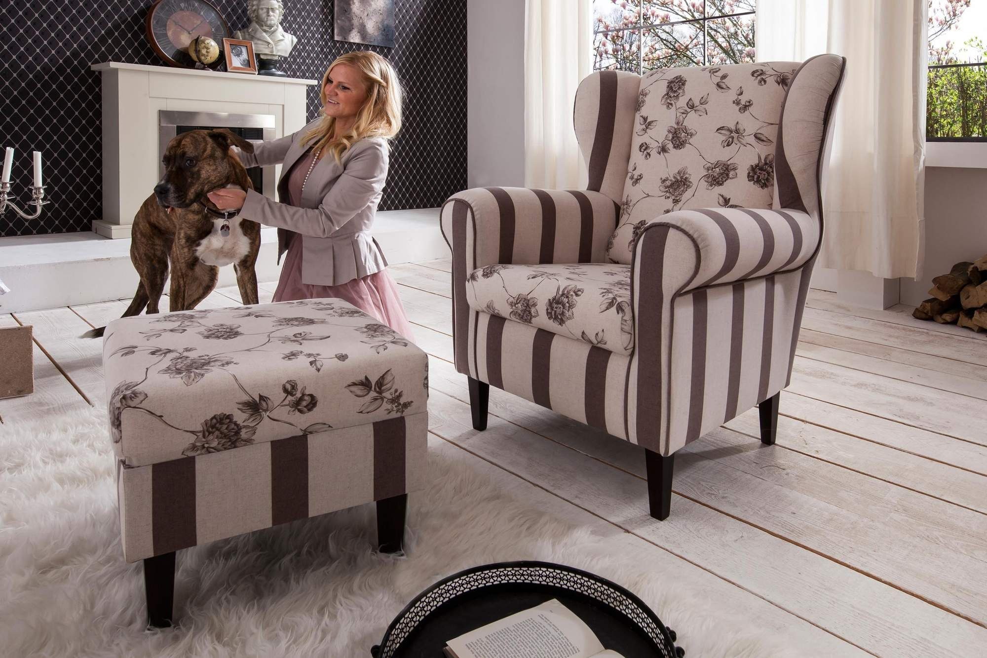 Trendmöbel24 Loungesessel Polstersessel Ohrensessel Aversa mit Landhaus-Stoff Kombination