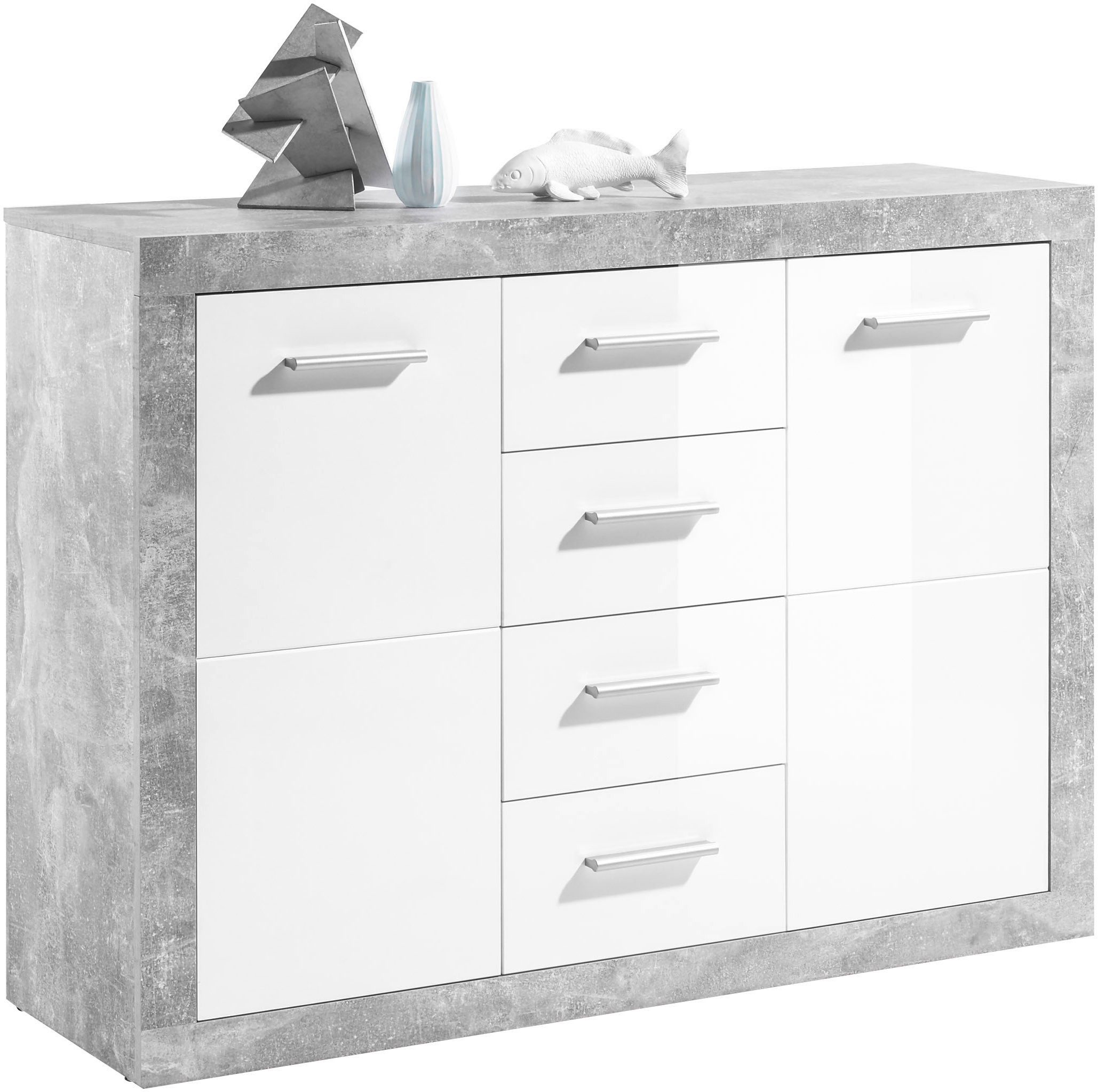 HBZ Kommode Stone 2 weiß Glanz, BxHxT 117x88x37 cm, Kommode mit 2 Türen, 4 Schubkästen, 2 Einlegeböden
