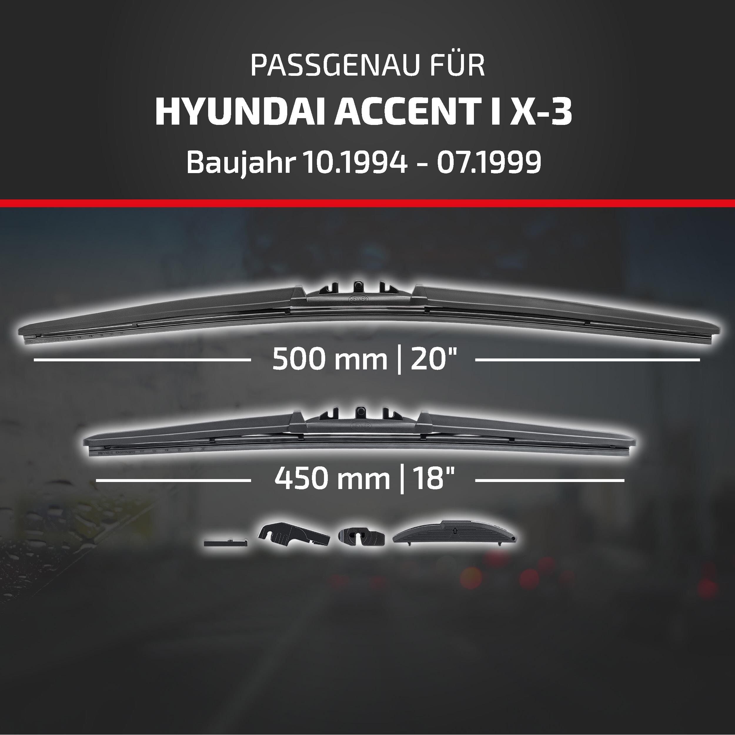 HEYNER Scheibenwischblätter passend für HYUNDAI ACCENT I, 10.1994 - 07.1999, Frontscheibe, (Packung, 2-St., Scheibenwischer), mit Nano Graphit Beschichtung