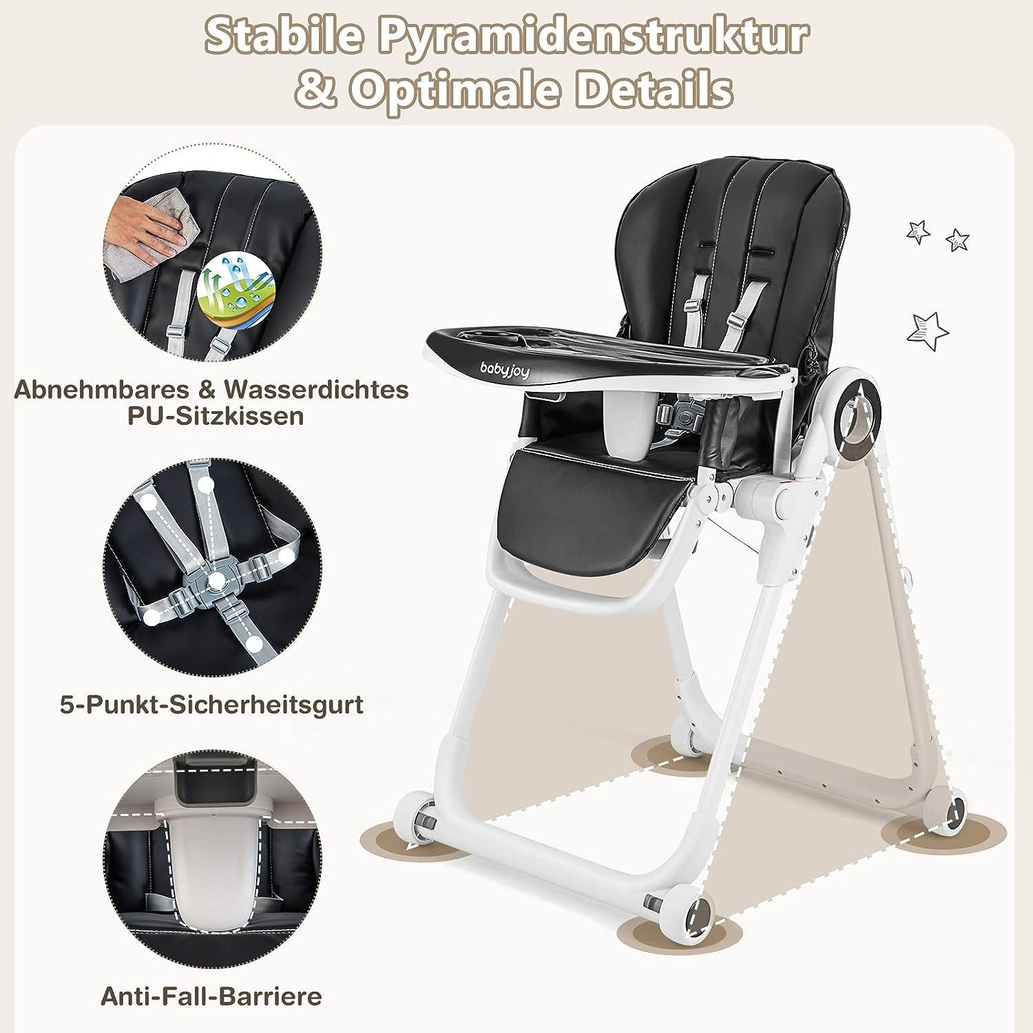 Monate 4 Kinder schwarz & mit Baby, für 6-36 Hochstuhl 5-Punkt-Sicherheitsgurt Räder, KOMFOTTEU