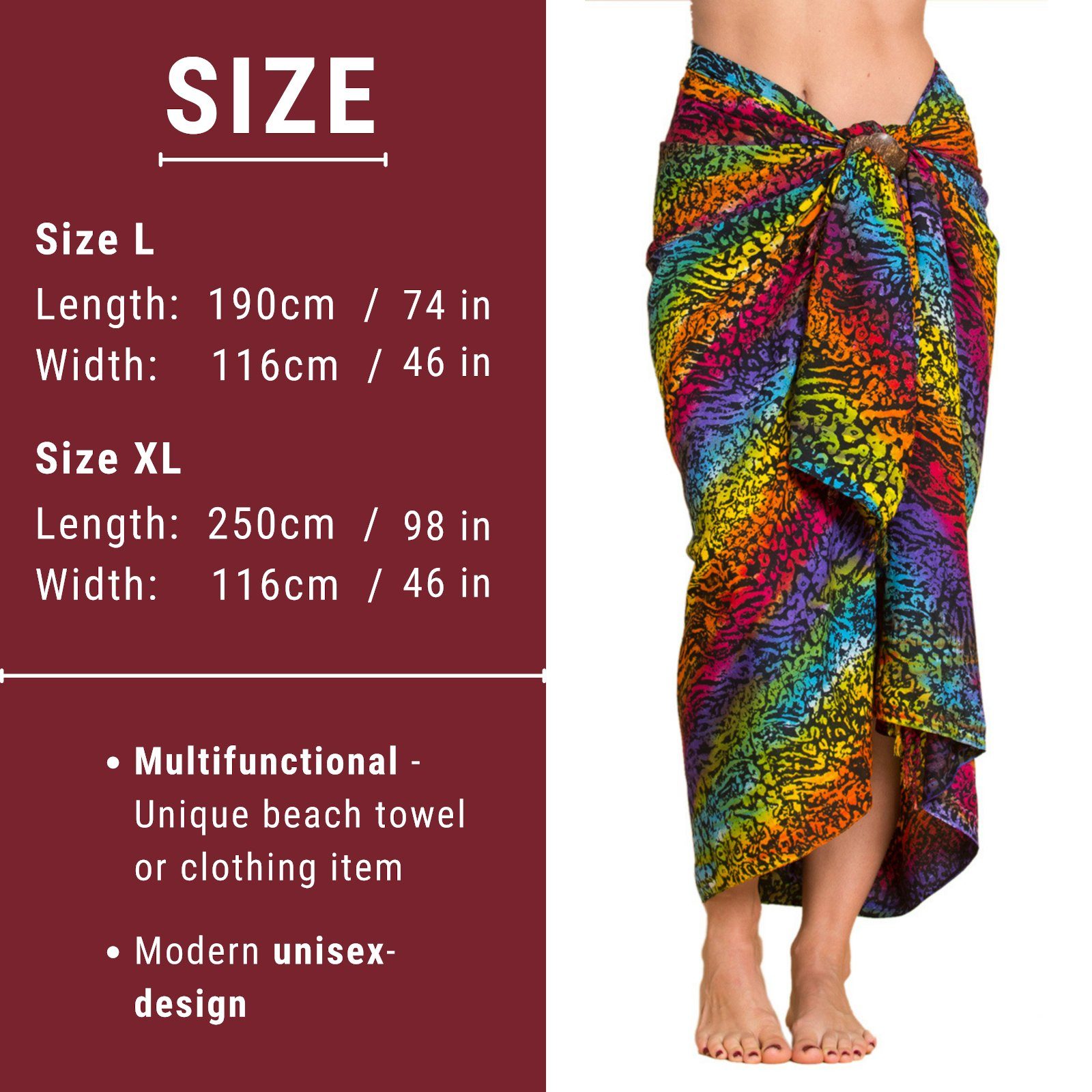 Strand den Größen auch in Sarong Tuch Überwurf Strandtuch als großen Cover-up tragbar Bikini Wachsbatik PANASIAM für Strandkleid Wrap Rainbow oder, B013 Pareo