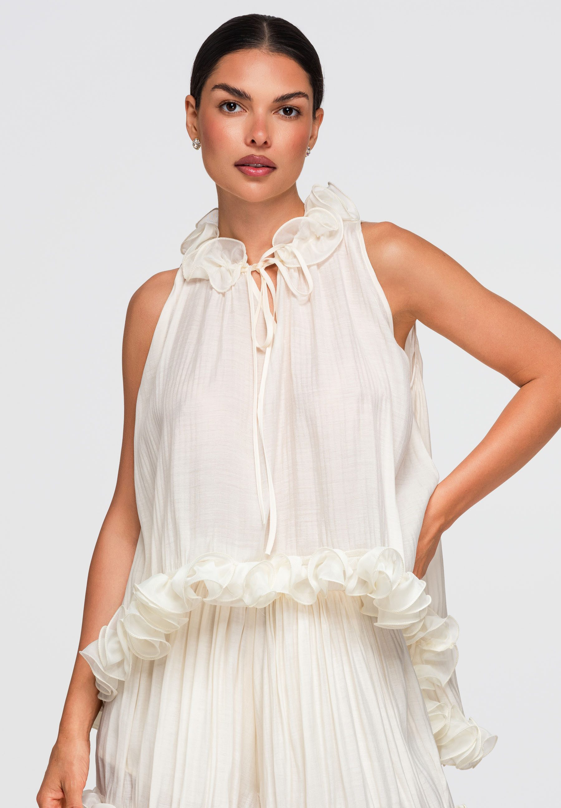 OMBRE Blusentop Damen Blusentop mit asymmetrischem Schnitt und Rüschen Ecru M/L (kein Set, 1-tlg) fließender Stoff