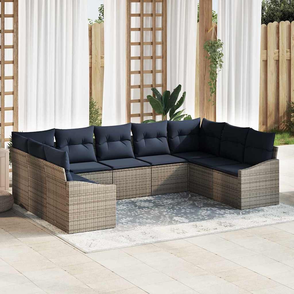 vidaXL Gartenlounge-Set Gartensofa-set 9 pcs Grau und Marineblau Poly-Rattan, (9-tlg)