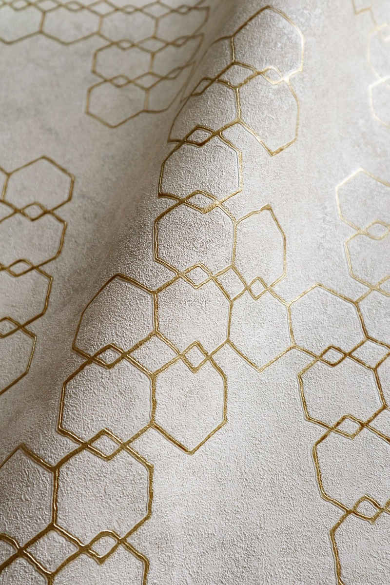 Newroom Vliestapete, Beige Tapete Leicht Glänzend Modern - Mustertapete Metalic Gold Grau Hexagon Grafisch für Schlafzimmer Wohnzimmer Küche