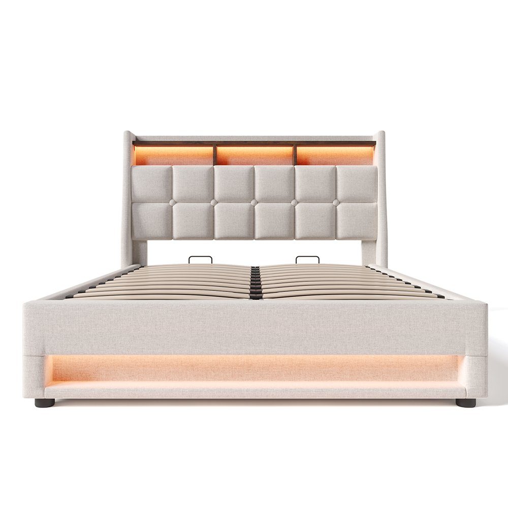Polsterbett (Funktionsbett, 140x200 cm Hydraulisches Bett mit Lattenrost), Stauraumbett mit LED-Beleuchtung und USB-Anschluss, Baumwolle-Leinen