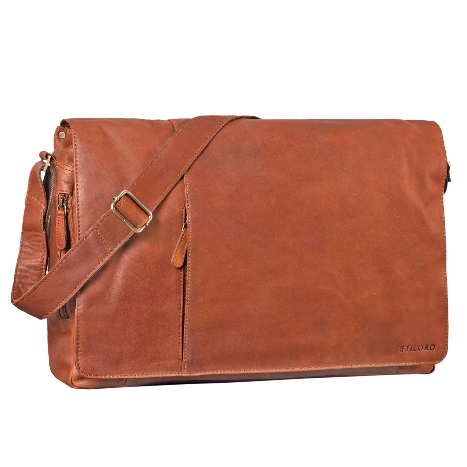 STILORD Laptoptasche "Maximus" cognac XXL Ledertasche Umhängetasche - braun