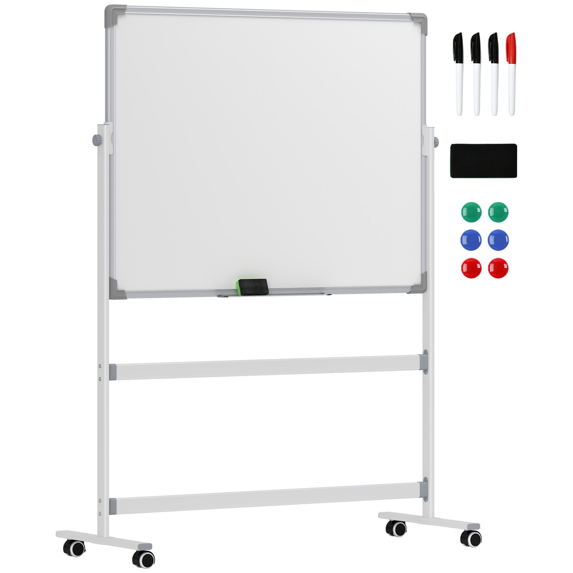 HOMCOM Magnettafel Doppelseitiges magnetisches, drehbares mobiles, (Schreiben Whiteboard, 1-tlg., Schreibtafel), 120 x 90cm, mit Ständer, für Home Office, Klassenzimmer, Weiß
