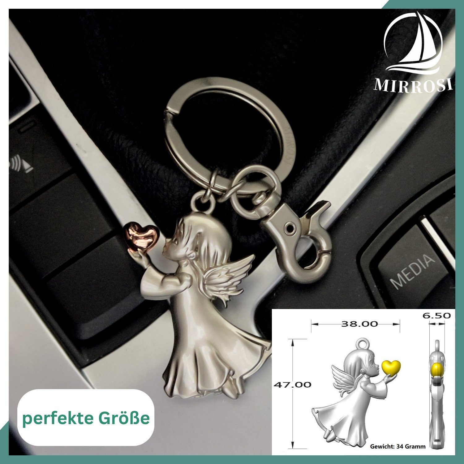 MIRROSI Schlüsselanhänger Schutzengel Engel "Angela"mit Herzchen, Glückbringer, Auto (Geschenk für Freunden,Familie), mit praktischem Karabinerhaken – Bild 5 von 5