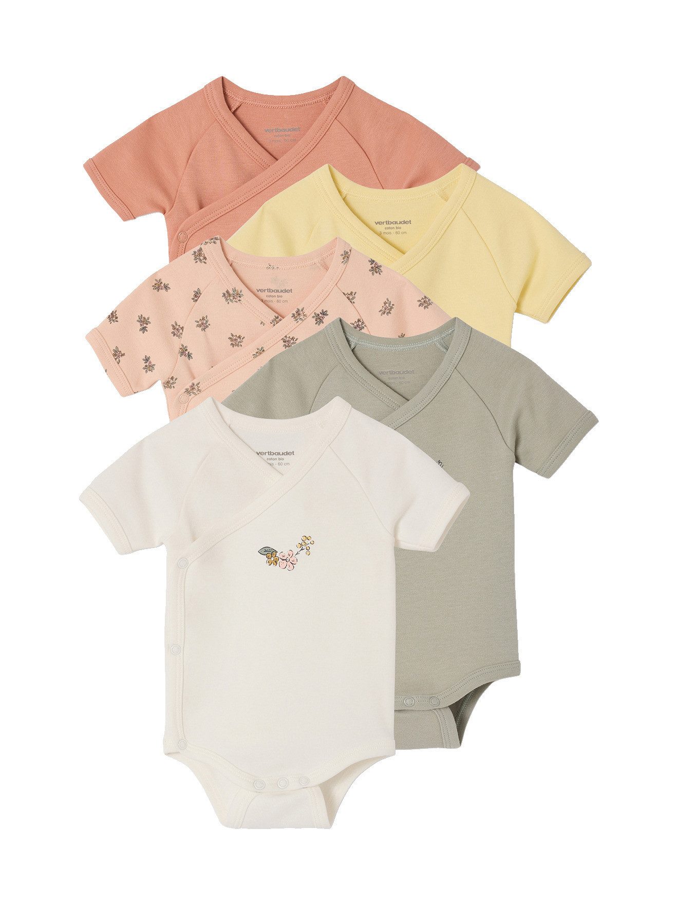 vertbaudet Body Baby Wickelbodys mit kurzen Ärmeln, Blumenmuster 5er-Pack