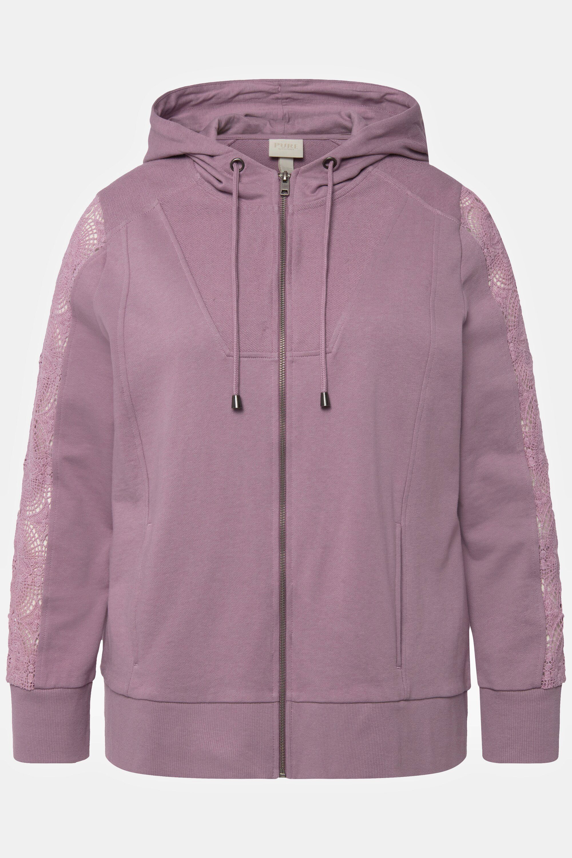 Sweatjacke Biobaumwolle grau Spitze Popken Ulla Kapuze Hoodiejacke