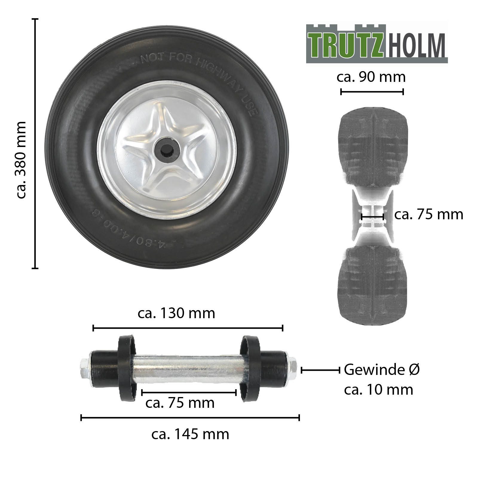 TRUTZHOLM Schubkarren-Rad Schubkarrenrad Vollgummi Pannensicher mit Achse PU Stahlfelge 200kg, Vollgummi