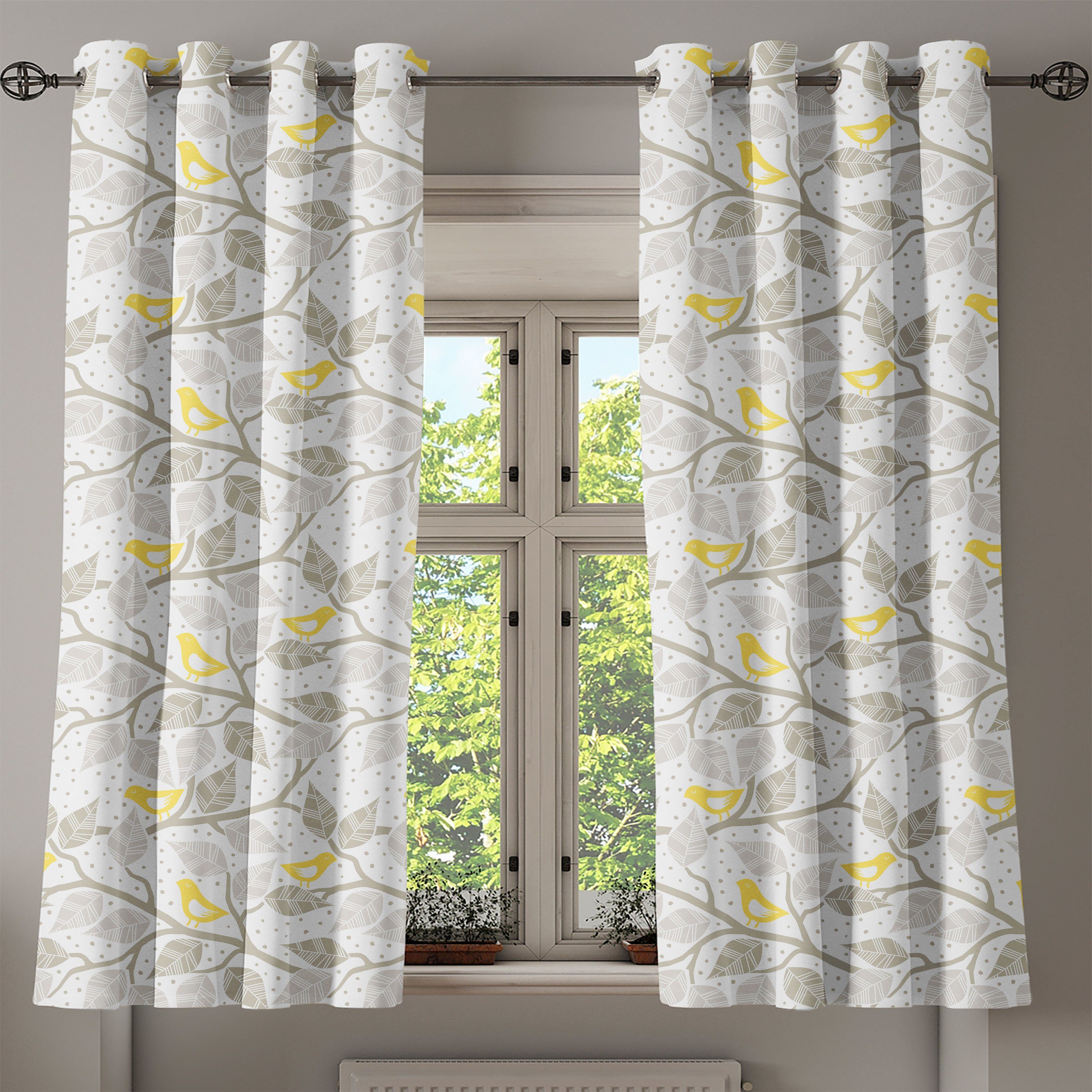 Gardine Dekorative 2-Panel-Fenstervorhänge Schlafzimmer Wohnzimmer, Abakuhaus, für Baum Vögel Gelb und Grau und