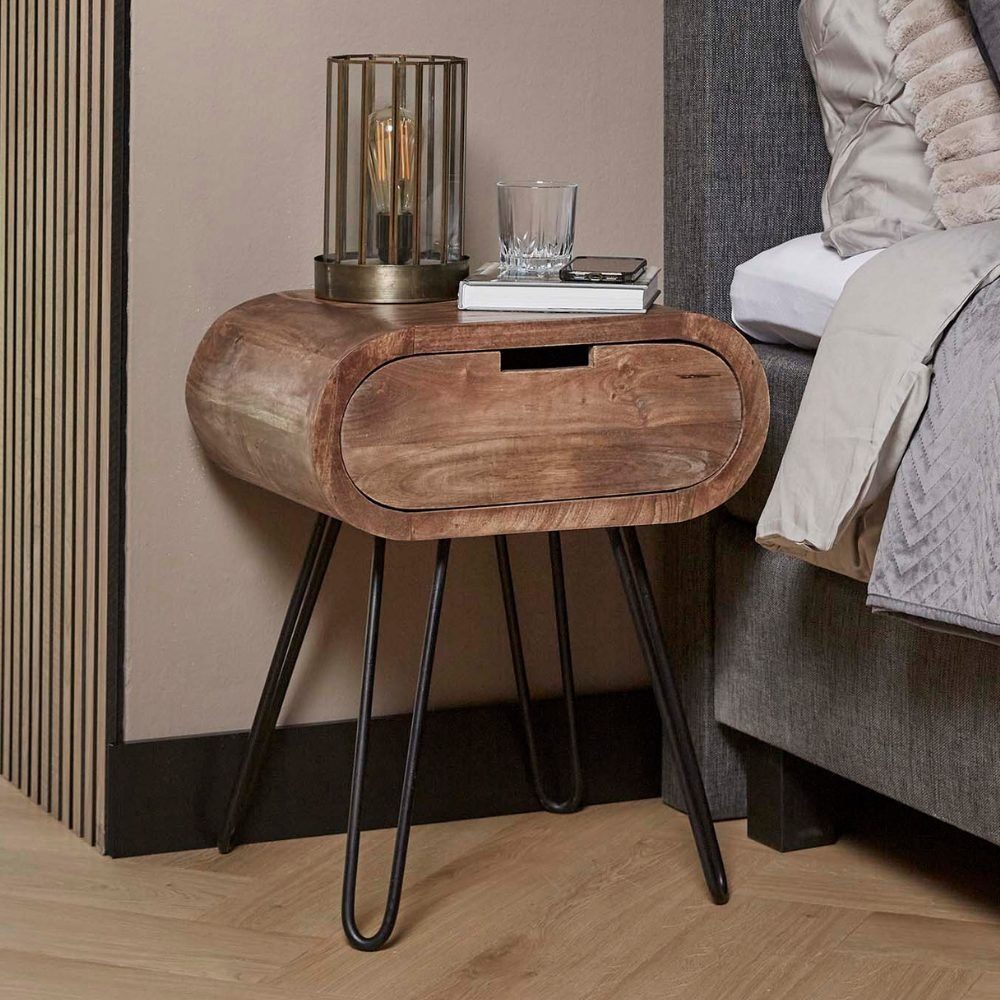 Schwarz, Beistelltisch Sanoe und Schubladen Massivholz Nachttisch mit Natur-dunkel in RINGO-Living Möbel