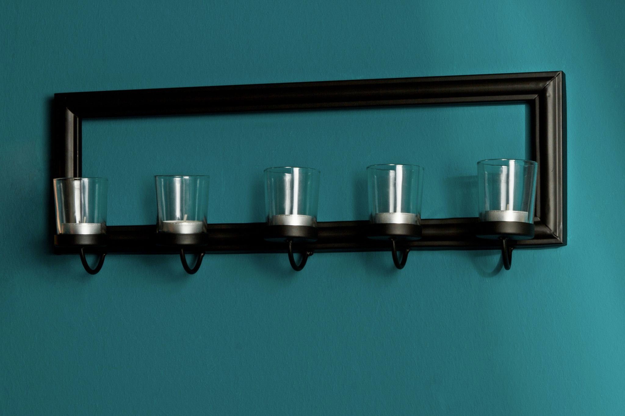 elbmöbel Teelichthalter: Metall, 19x53x8 Lichter Metall Wandkerzenhalter cm Wandkerzenhalter schwarz 5 Glas