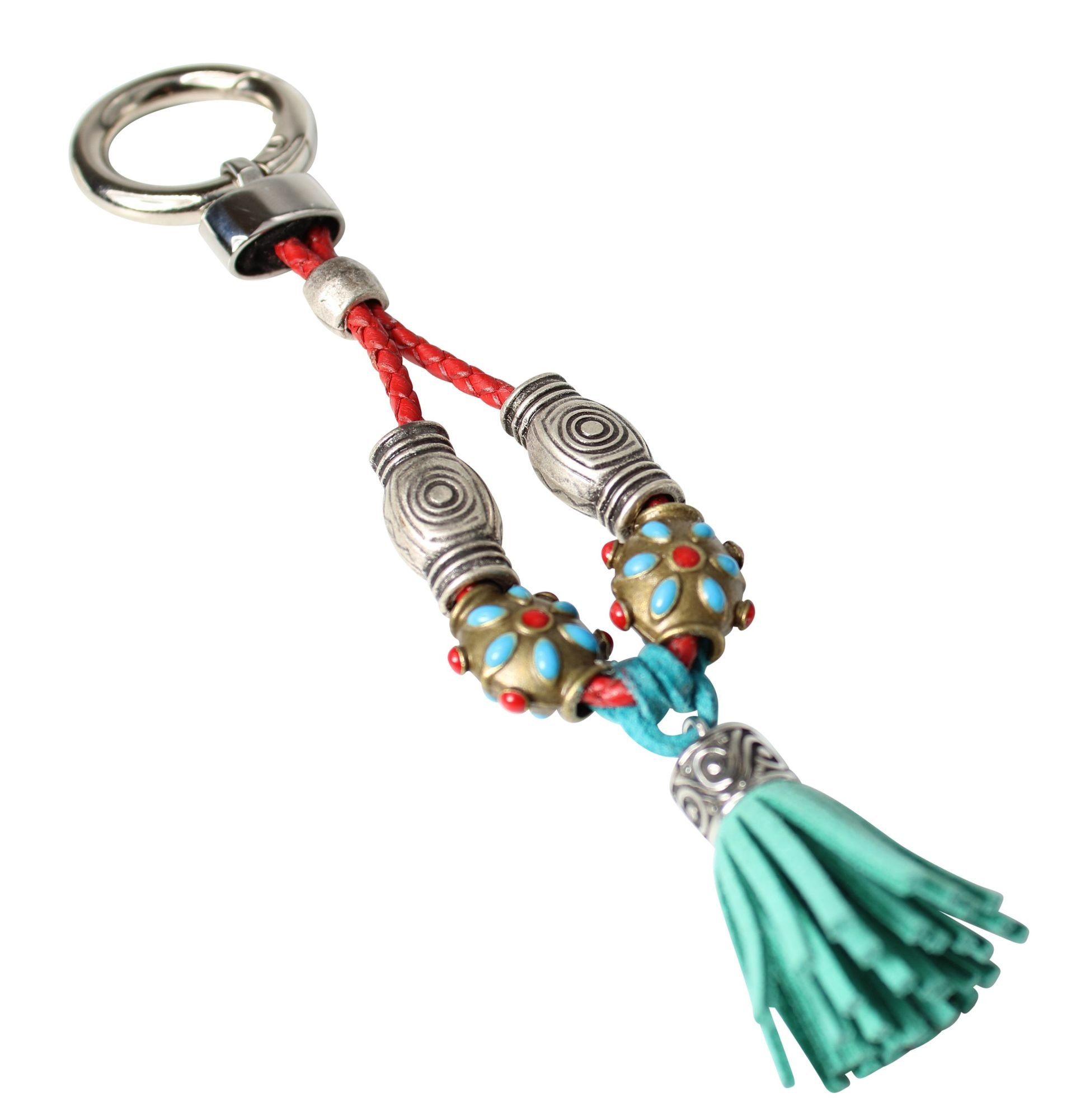 FRONHOFER Schlüsselanhänger 18780, Schlüsselanhänger mit Lederkordel und bunt gemusterten Perlen Aqua