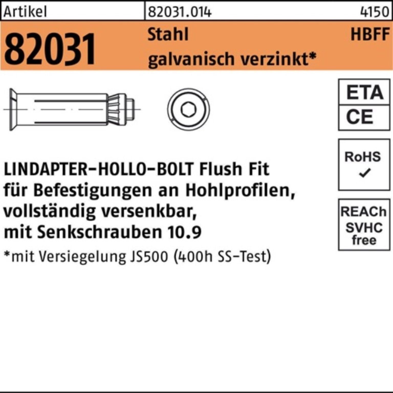 Pack (90/64) Hohlraumdübel 1 Hohlraumdübel R Lindapter 10.9 HBFF 08-3 galv.verz. 100er 82031