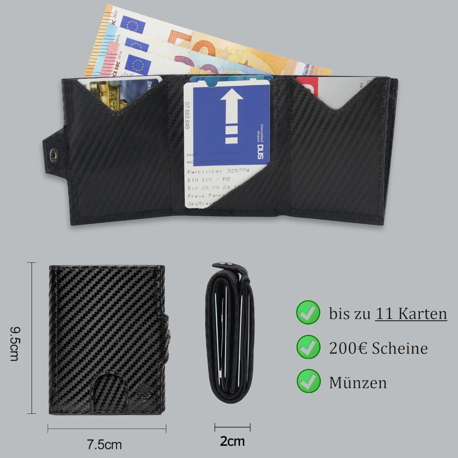 Frentree Mini Geldbörse Slim Wallet Portemonnaie - - Geldbeutel echtem Münzfach aus Geldbörse Klein mit Carbon Leder - Kartenetui mit Echtleder Mini, RFID-Schutz