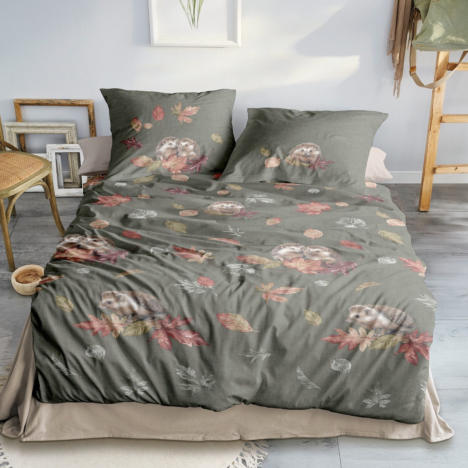 Irisette Bettwäsche Irisette Biber Bettwäsche Panda 8784-30 Igel olivgrün 135x200, Edel Feinbiber, 2 teilig