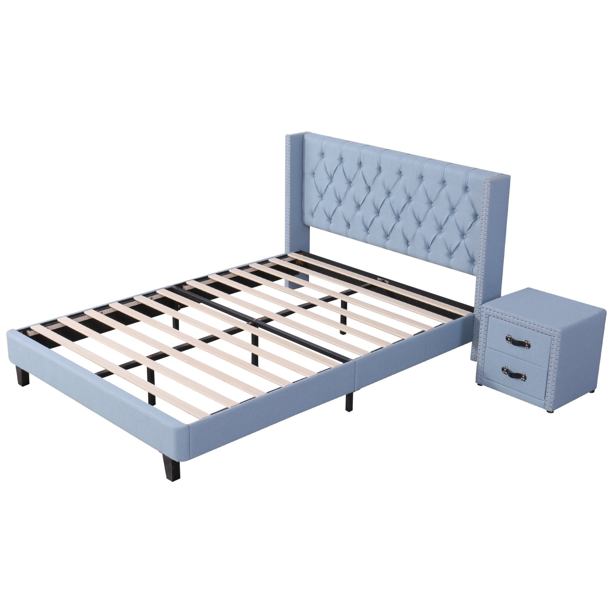m.2 140x200 blau Odikalo 2/1 Nachttische Schlafzimmer-Set + Schubladen Doppelbett Polsterbett