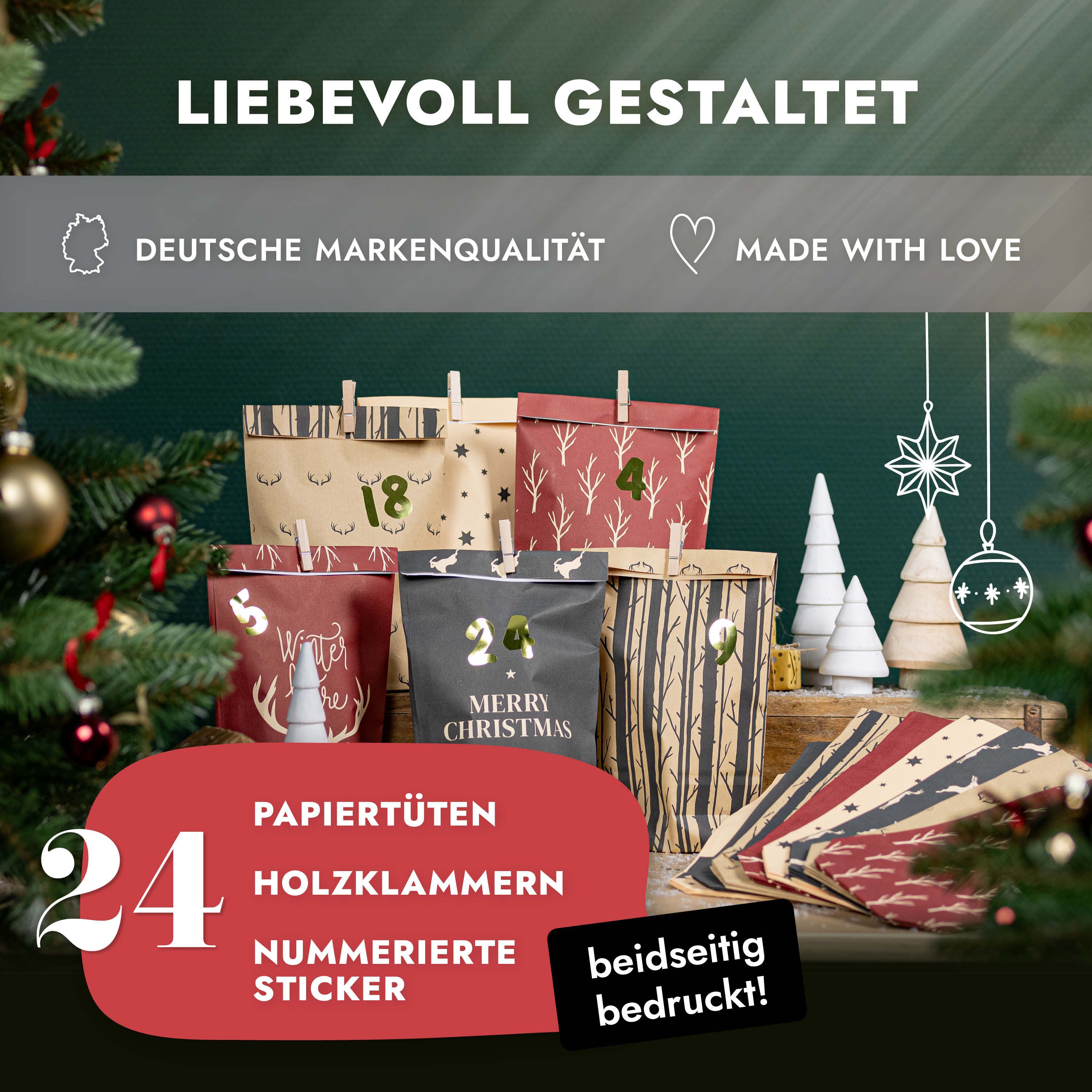 Amari befüllbarer Adventskalender Adventskalender zum Befüllen 2026, 24 Papiertüten 14×22 cm mit Zahlen (DIY Set, 72-tlg), Designs für Kinder & Erwachsene, wied – Bild 2 von 5