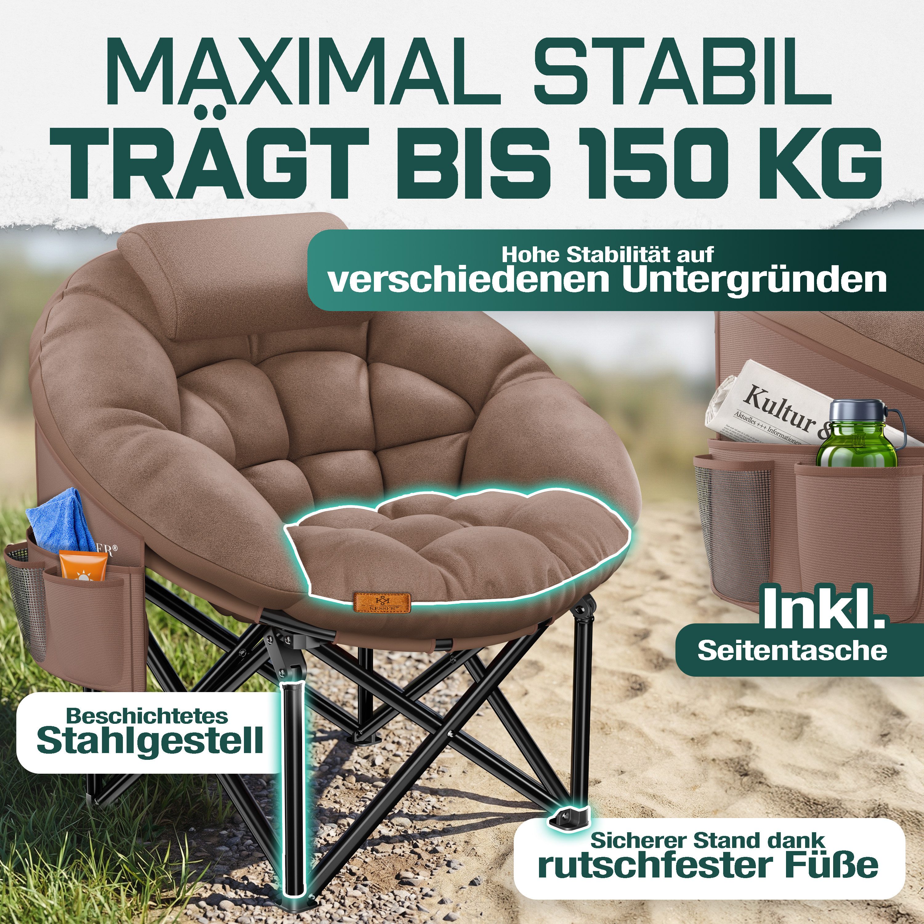 KESSER Campingstuhl XXL faltbar, bis 150 kg, inkl. Kissen, Seitentasche & Cover, Outdoor + Indoor für Camping, Angeln, Festival & Strand – Bild 5 von 5