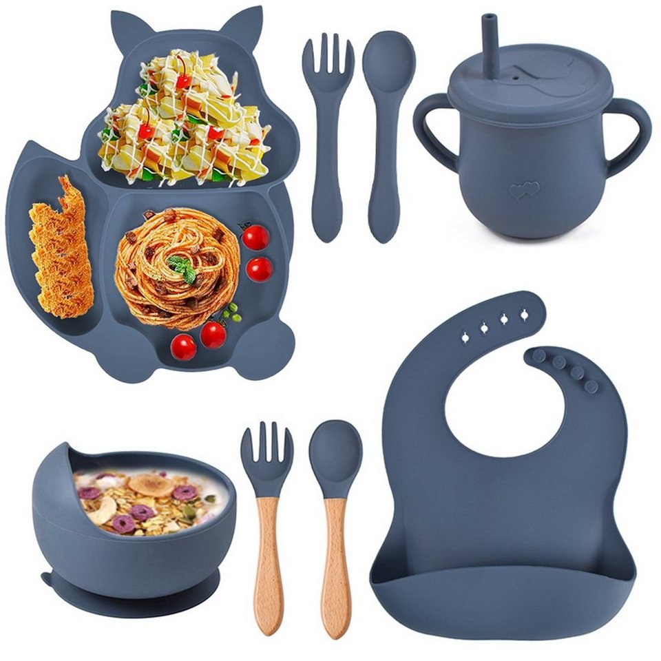 Baby Ja Kindergeschirr-Set Kindergeschirr-Set 8-teilig, Silikongeschirr,  Eichhörnchen-Teller, rutschfestes, Löffel-, Gabel-, Schüssel-, Teller- und  Besteckset