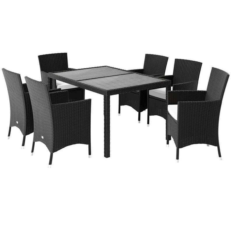 Casaria Sitzgruppe, (7-tlg), Polyrattan 6 stapelbare Stühle 7 cm dicke Auflagen WPC Gartentisch