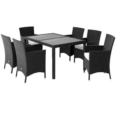 Casaria Sitzgruppe, (7-tlg), Polyrattan 6 stapelbare Stühle 7cm dicke Auflagen WPC Gartentisch