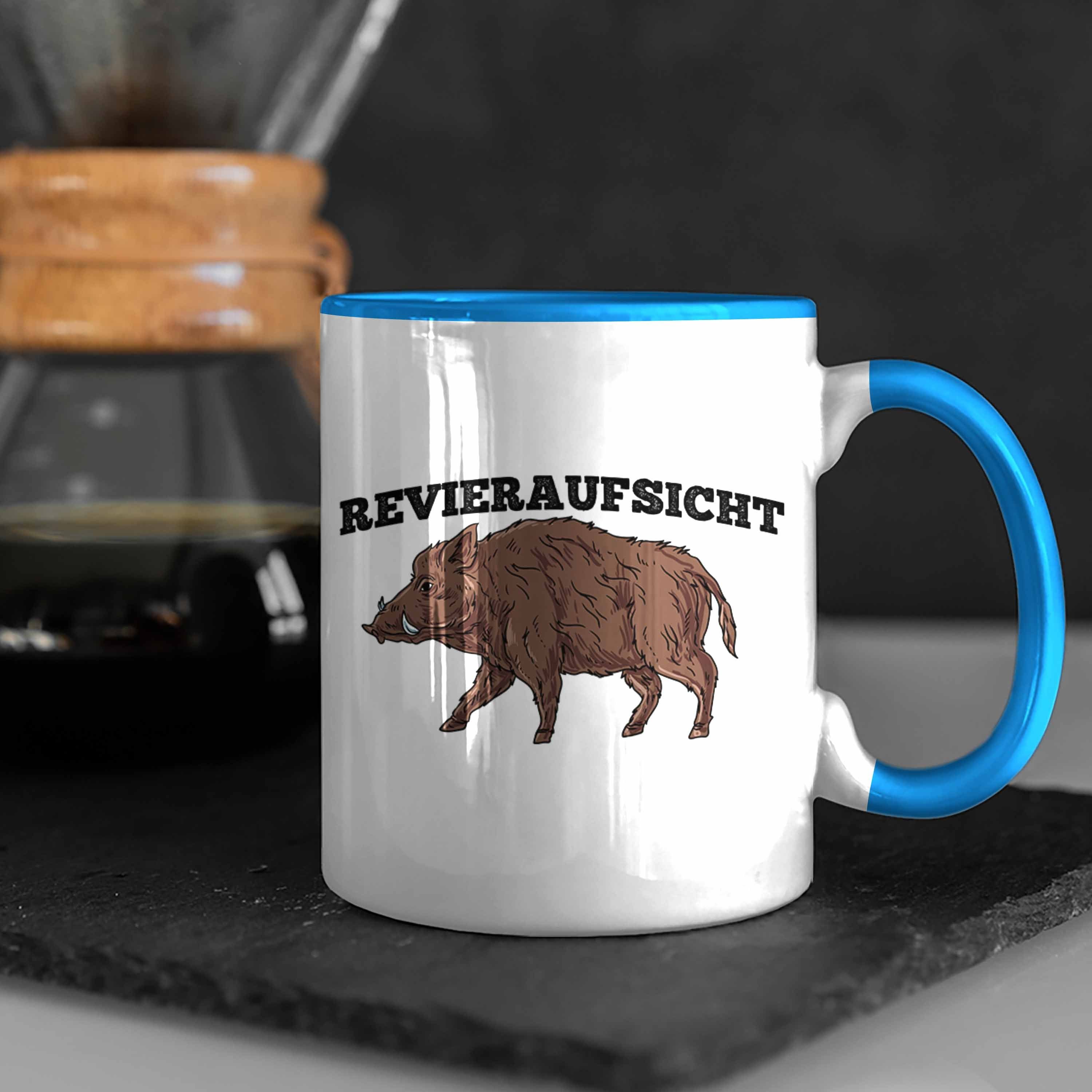 Grafik Jäger Trendation "Revieraufsicht" Tasse Blau Lustige Wildschwein für J Tasse Geschenk