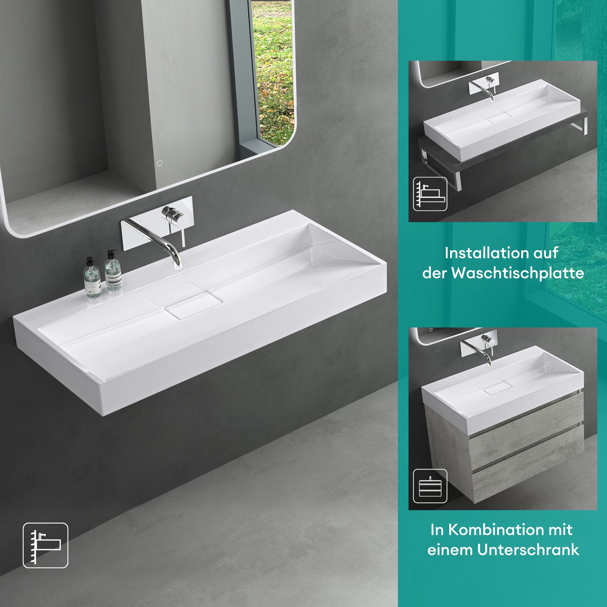 Mai & Mai Waschbecken Einbauwaschbecken Hängewaschbecken aus Mineralguss mit Ablaufgarnitur, verdeckter Ablauf, abnehmbare Ablaufabdeckung – Bild 4 von 5
