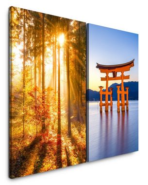 Sinus Art Leinwandbild 2 Bilder je 60x90cm Itsukushima-Schrein Japan Wald See warmes Licht Heilsam positive Energie