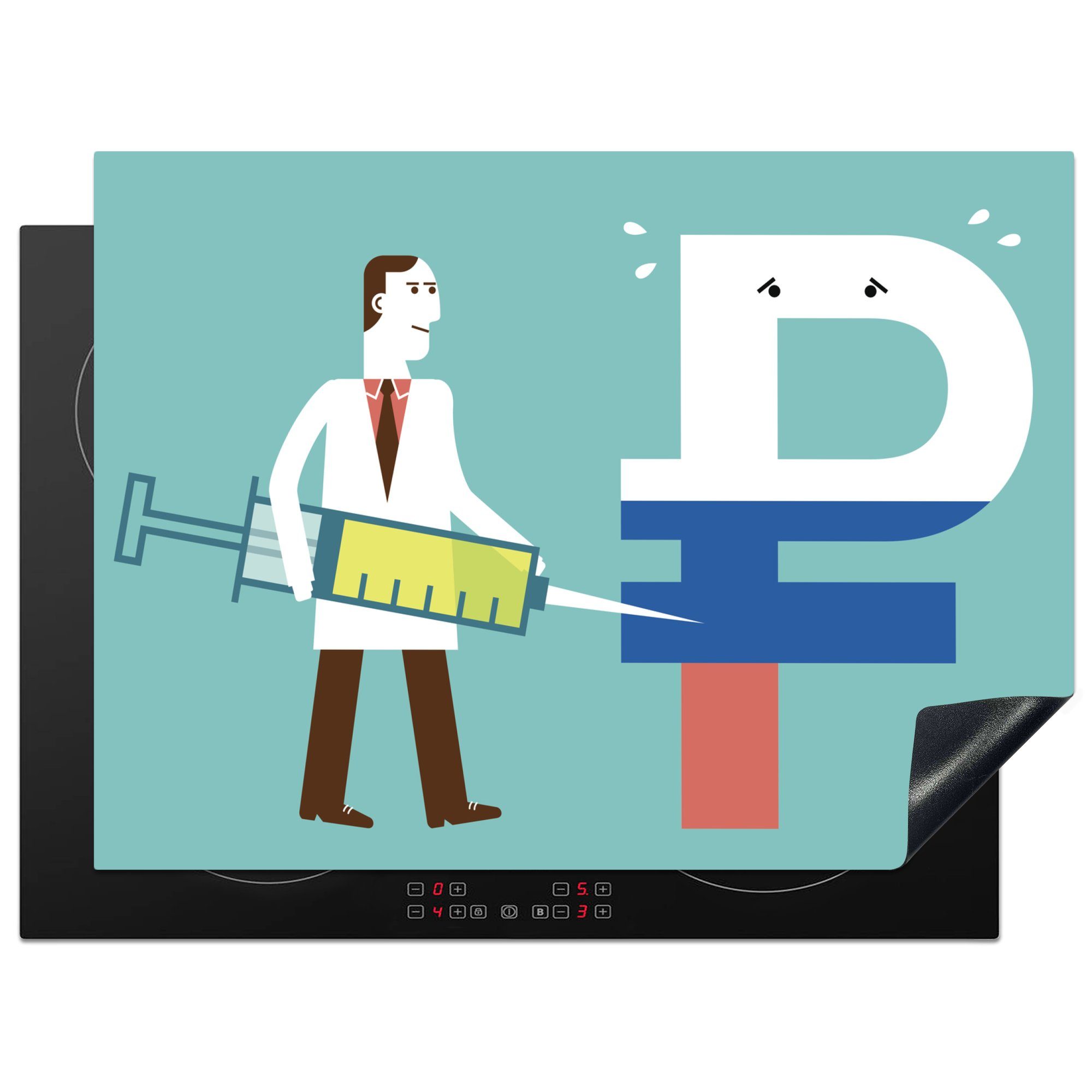 MuchoWow Herdblende-/Abdeckplatte Eine Illustration eines Arztes, der den russischen Rubel injiziert, Vinyl, (1 tlg), 70x52 cm, Mobile Arbeitsfläche nutzbar, Ceranfeldabdeckung
