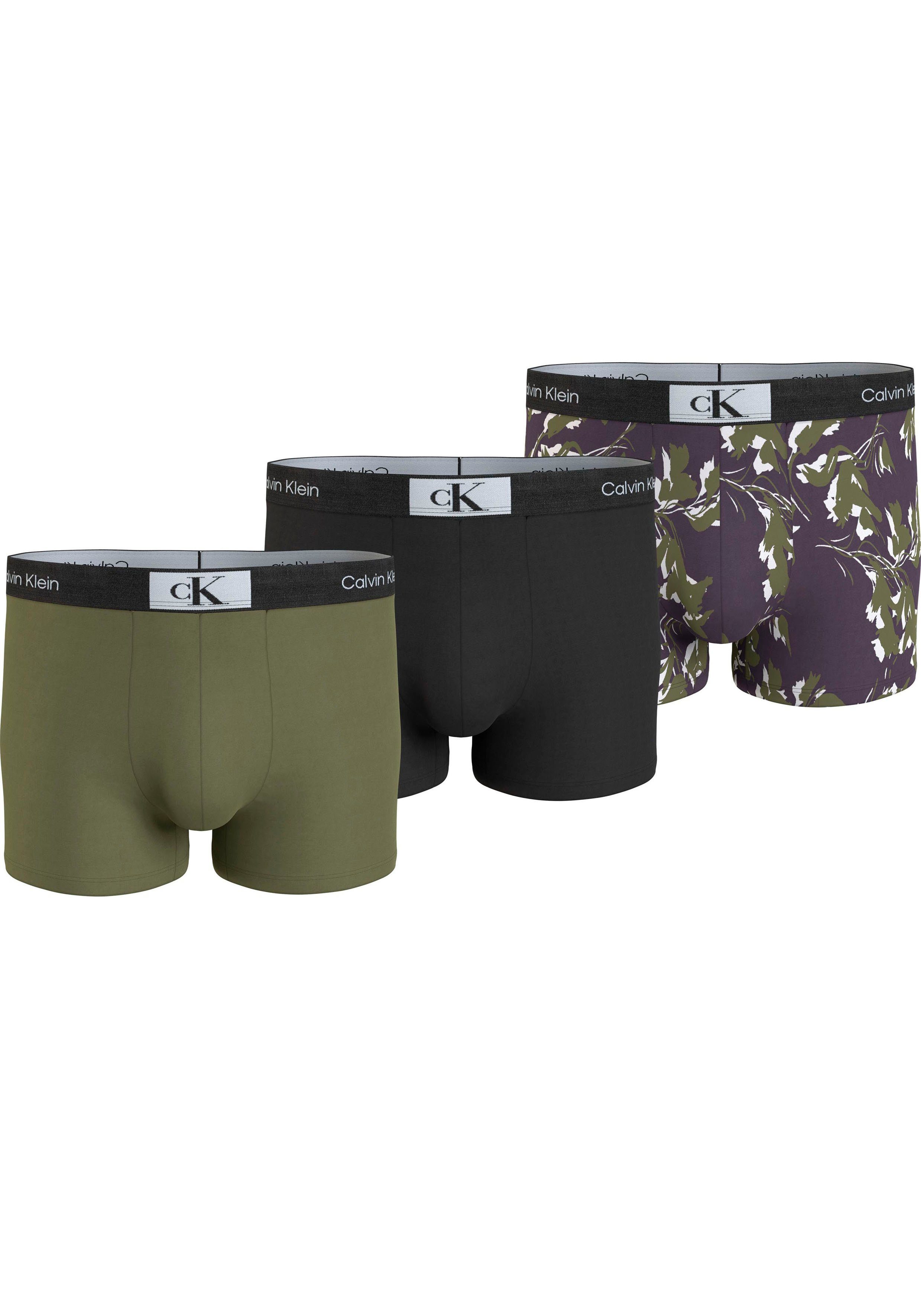 TRUNK Underwear Trunk Logo-Elastikbund Klein mit 3PK OLV_BRANCH,_BL,_RIPPLE_FLORAL_MYSO 3-St., 3er-Pack) (Packung, Calvin