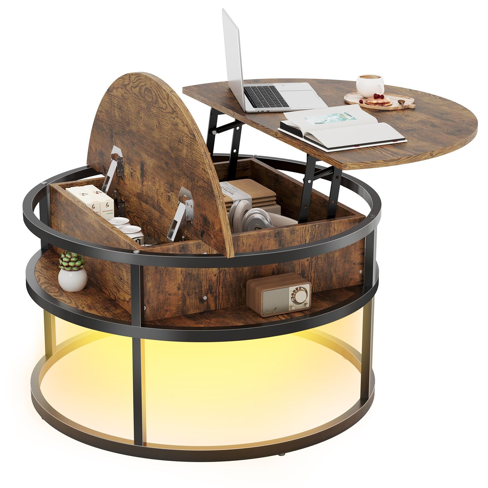 Dripex Couchtisch Couchtisch rund Holz höhenverstellbar mit Stauraum und Liftplatte
